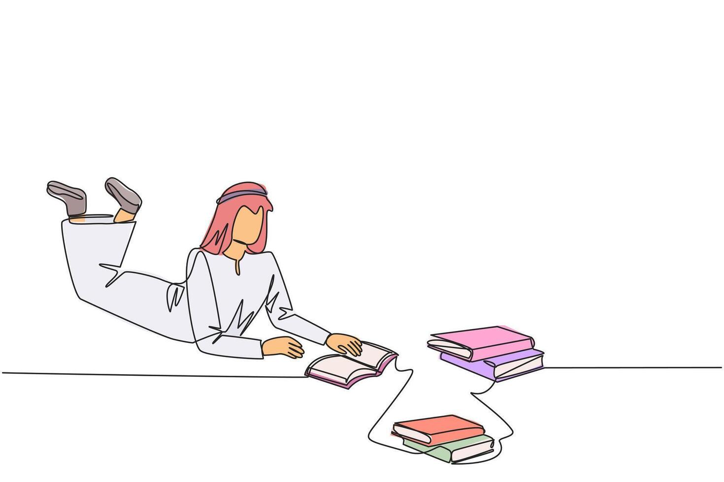 Continuous one line drawing Arabian man really likes reading. Everyday one book is read. Good habit. There is no day without reading book. Book festival concept. Single line design illustration vector