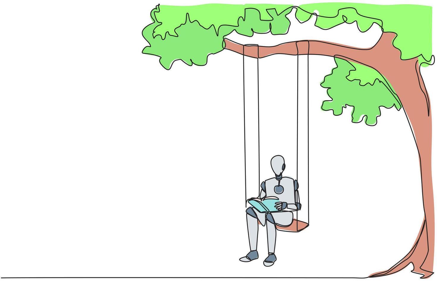 Continuous one line drawing robot sitting on a swing attached to a tree reading a book. Really enjoyed the storyline of the fiction book. Book festival. Single line draw design illustration vector