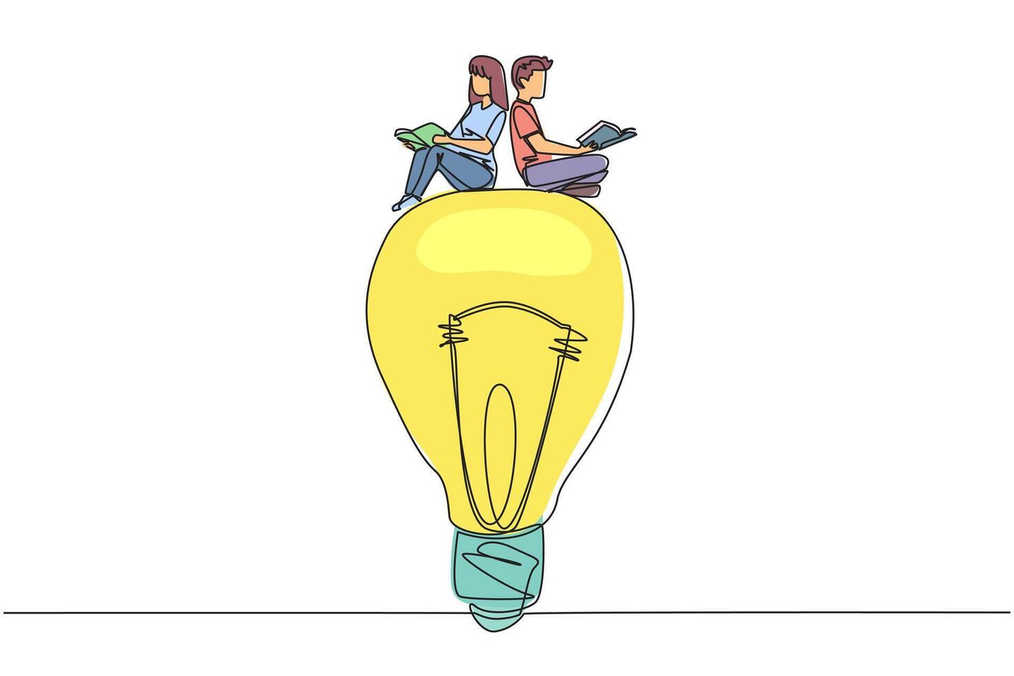 Continuous one line drawing people sitting on big lightbulb. Read with focus and serious. Metaphor looking for brilliant idea from scientific books. Book festival. Single line draw illustration vector