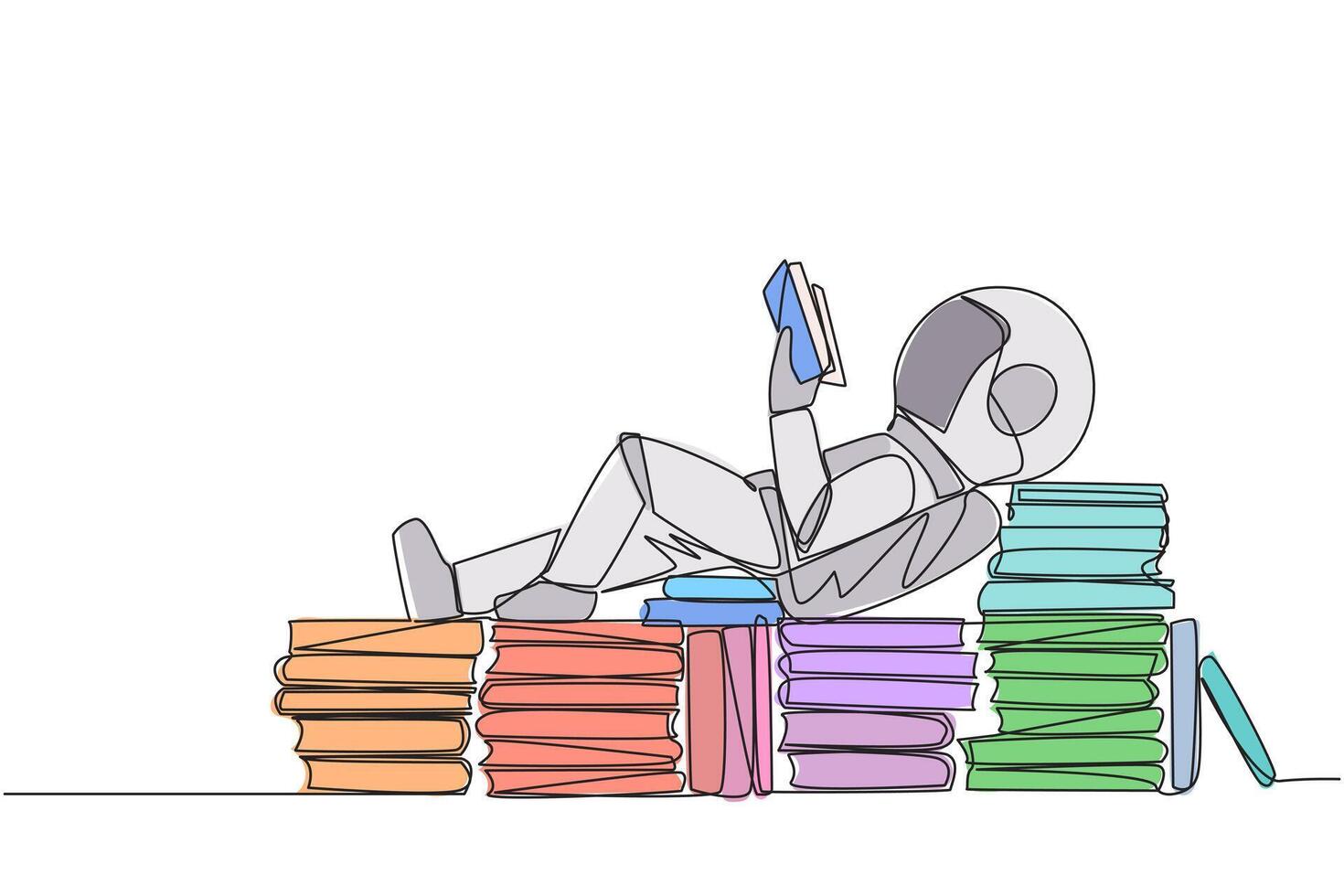 soltero uno línea dibujo astronauta acostado abajo en un apilar de libros forrado arriba. relajarse mientras leyendo el ficción libro. disfrutar el historia. libro festival concepto. continuo línea diseño gráfico ilustración vector