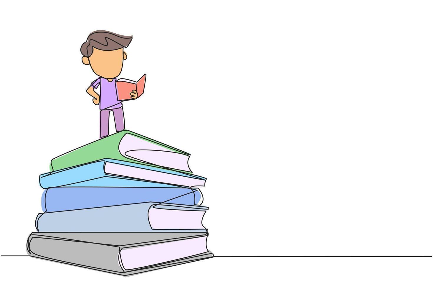 Single one line drawing boy standing on pile of books reading a fiction story book. Intrigued by the book series. Read anywhere to finish reading. Reading. Continuous line design graphic illustration vector