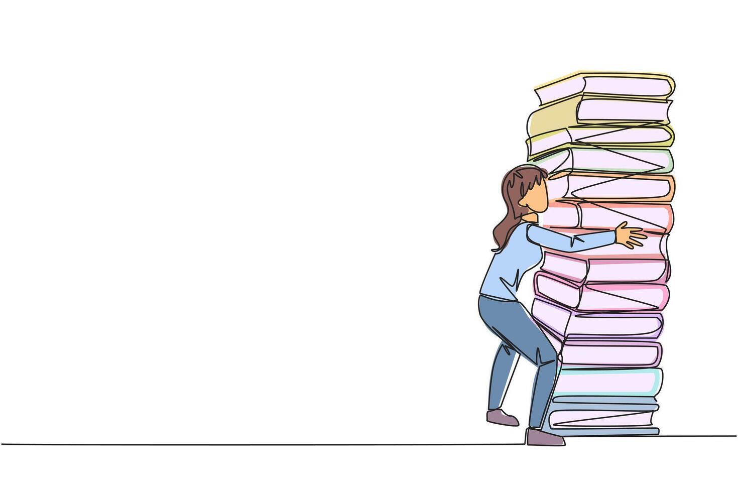 Continuous one line drawing woman hugging very high pile of books. Hobby to collecting and reading books. Filling free time with useful things. Loving read. Single line draw design illustration vector