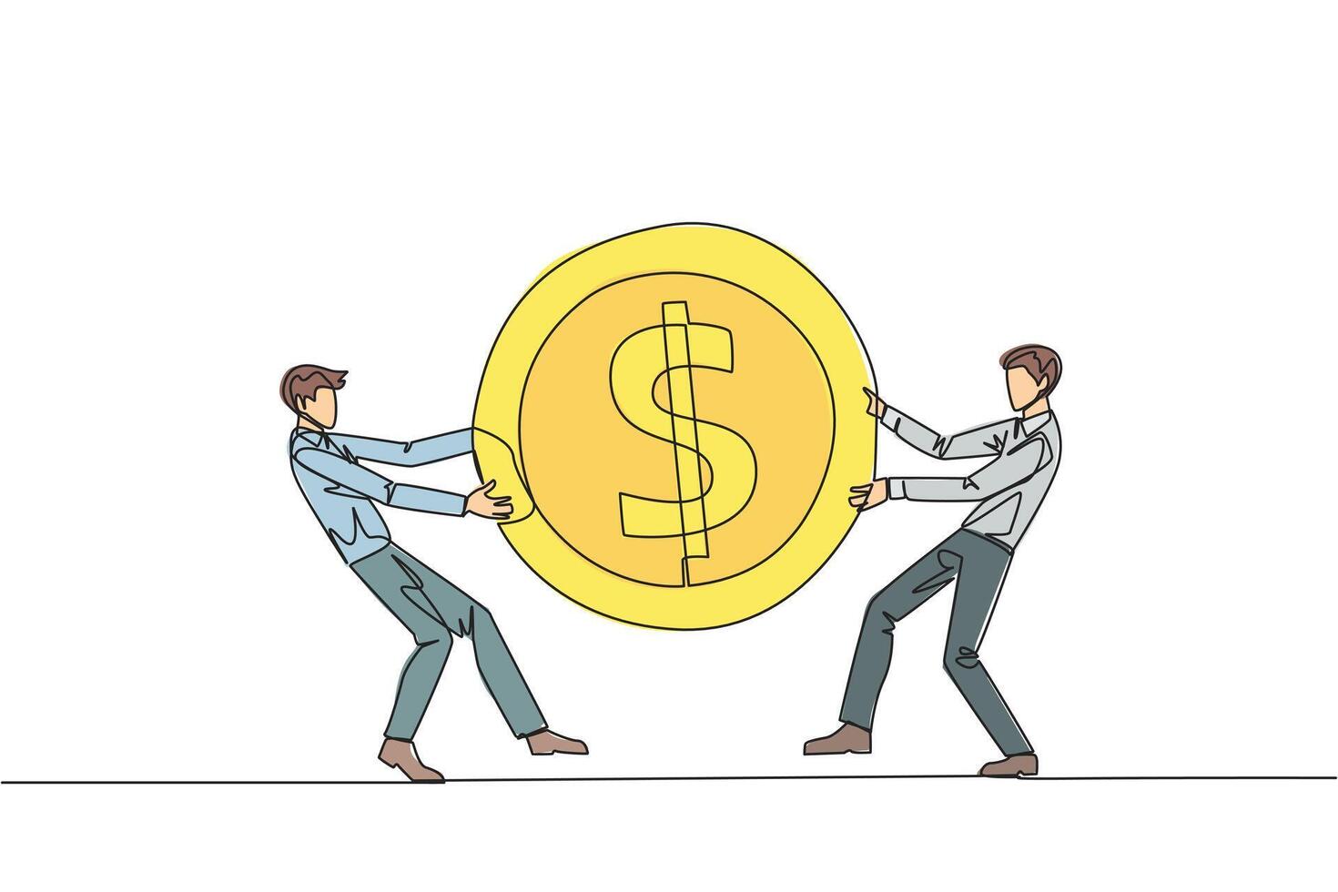 Continuous one line drawing two angry businessman fighting over the dollar sign coin. The last coin used to buy fresh drinks at the vending machine. Attack. Single line draw design illustration vector