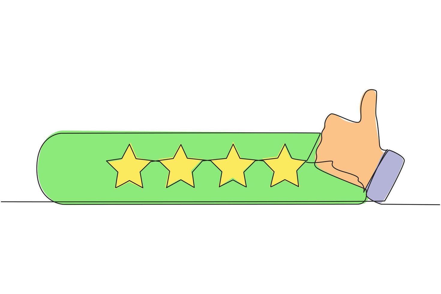 Continuous one line drawing thumbs up next to 4 stars. Star rating. Positive review. Feedback concept. Buyer experience. Customer review rating. Ecommerce. Single line draw design illustration vector