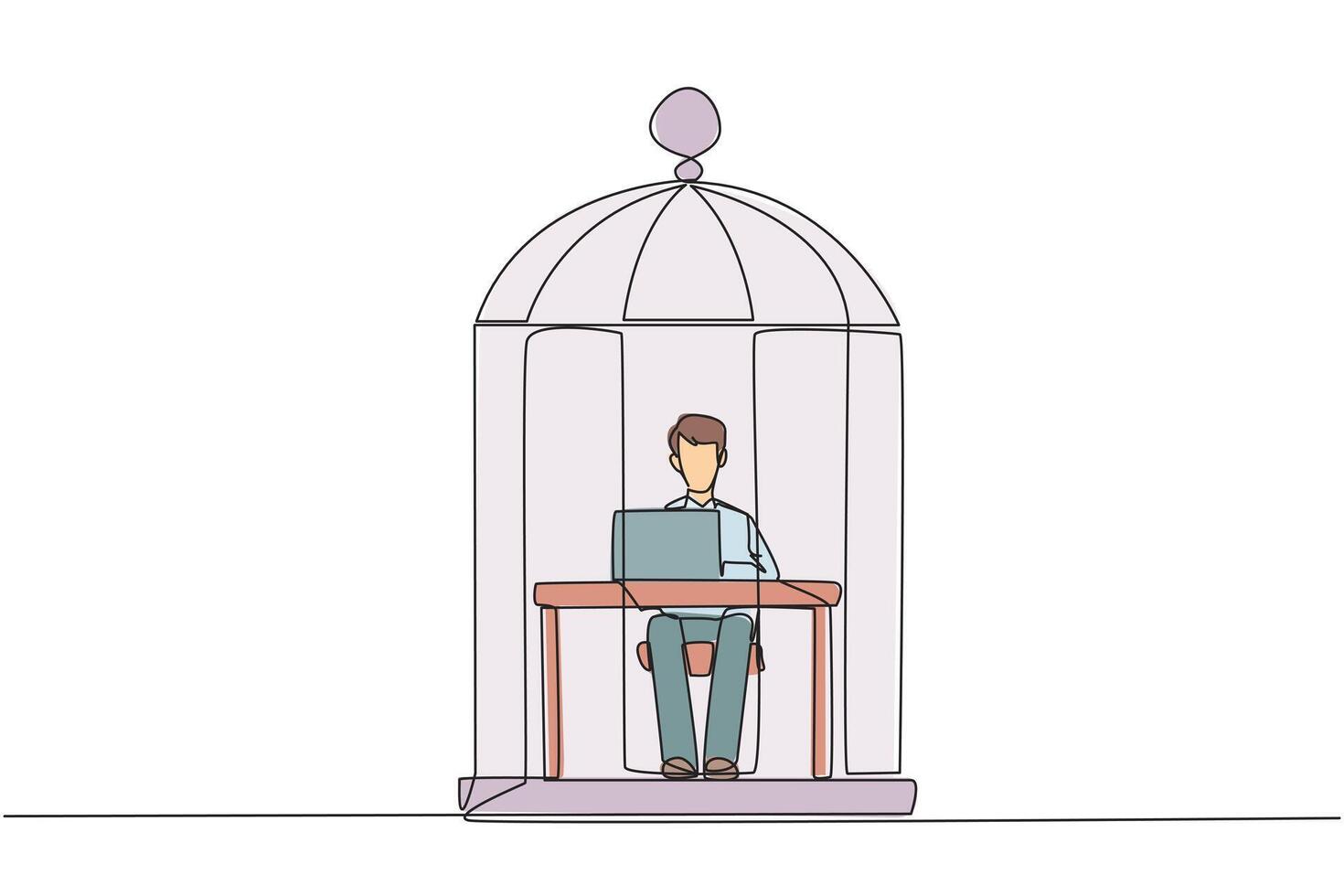 Continuous one line drawing businessman trapped in cage sitting and typing on laptop computer. Tiring routine. Unhappy businessman with the many deadline. Single line draw design illustration vector