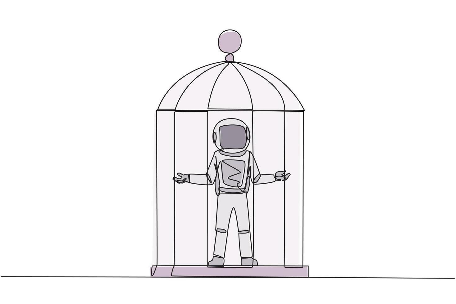 Single continuous line drawing astronaut trapped in cage standing with open arms. Surrender to the situation. Forced to stay in a cage. Business is not growing. One line design illustration vector