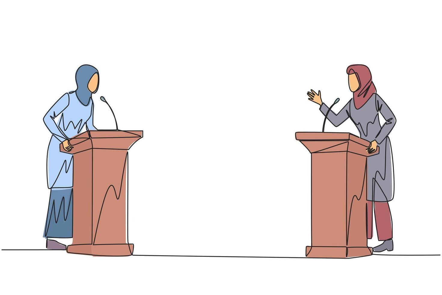 Single continuous line drawing two Arabian businesswoman arguing on podium. Throwing opinions on the best way to deal with global warming. Open dialogue. Debating. One line design illustration vector