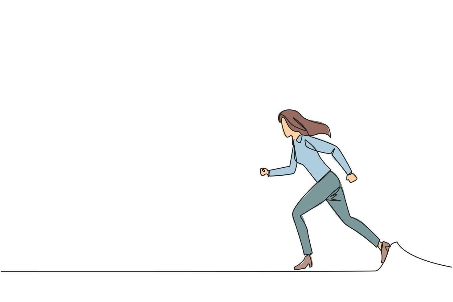 soltero continuo línea dibujo joven mujer de negocios haciendo ligero ejercicio. corriendo objetivos a mantener corazón salud. mujer de negocios con sano vida estilo. bueno mental. uno línea diseño ilustración vector