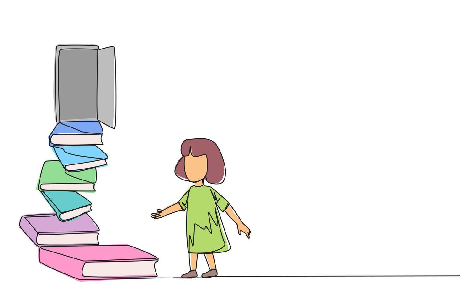 Continuous one line drawing girls climb the stairs from the book stack. Towards the wide open door. Metaphor of finding answers from books. Book festival. Single line draw design illustration vector