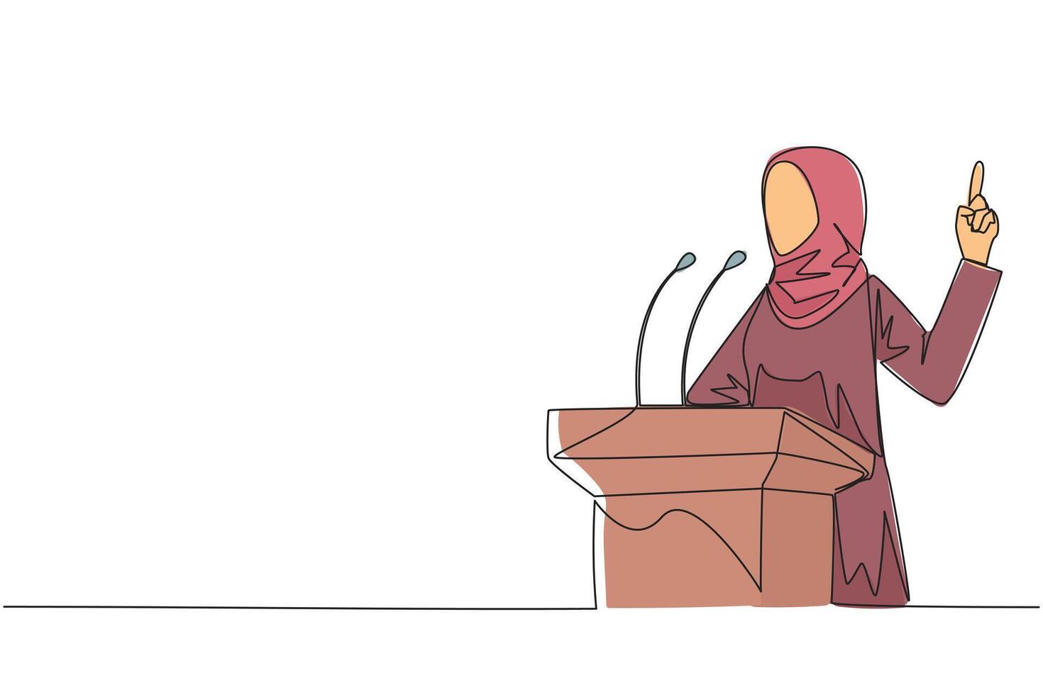 soltero continuo línea dibujo joven árabe mujer de negocios Hablando a el podio mientras levantamiento índice dedo arriba. ella hecho un favorable declaración para el compañía. uno línea diseño ilustración vector