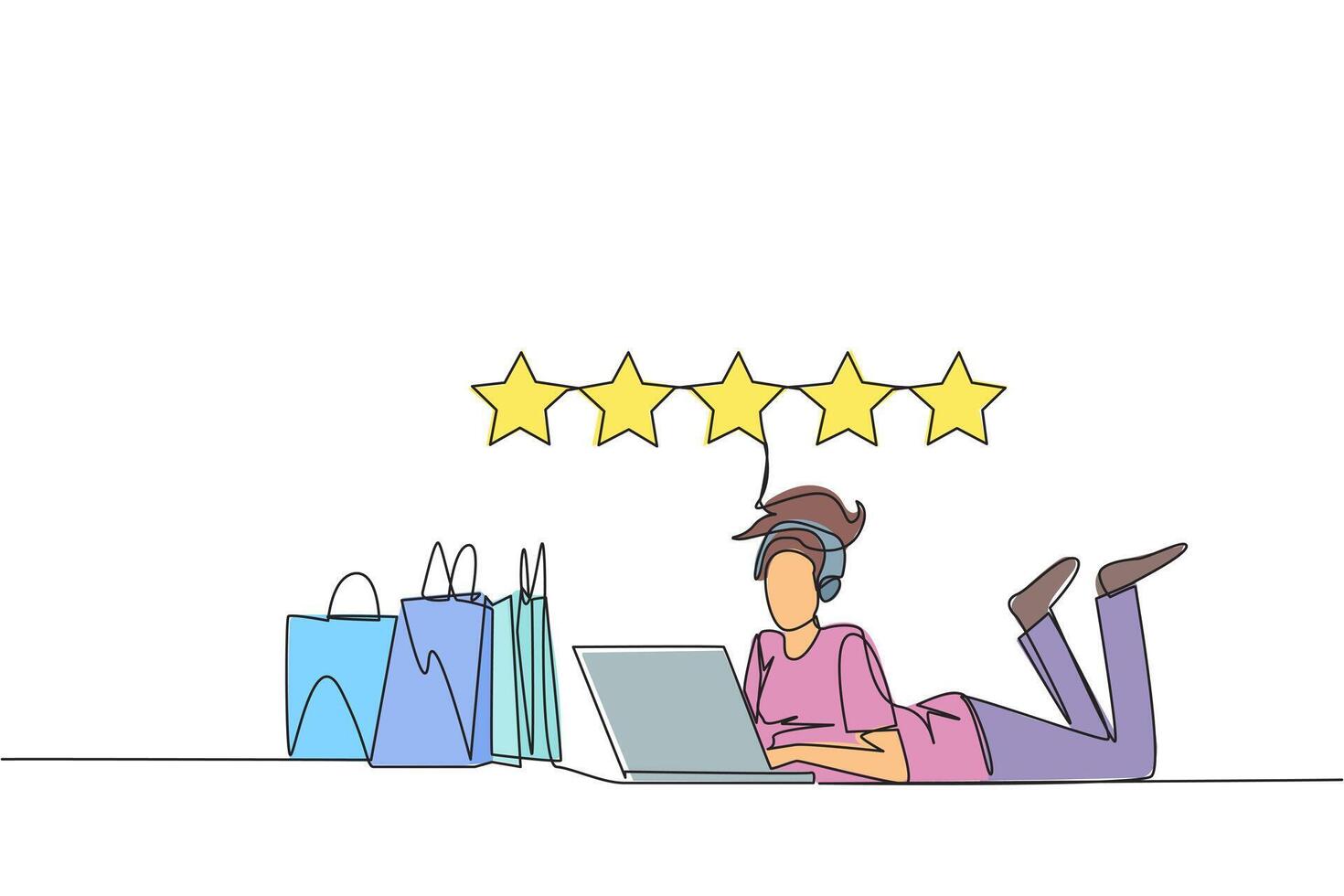 Single continuous line drawing young smiling woman on stomach while typing on laptop. Next to the laptop is a shopping bag. Give the best review with pleasure. One line design illustration vector