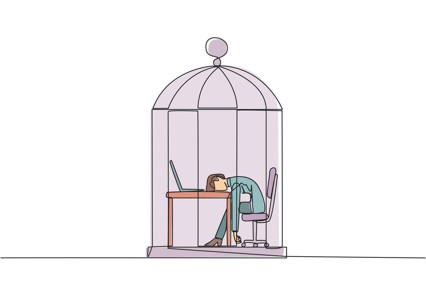 Continuous one line drawing businesswoman trapped in cage asleep on laptop. Tired of repetitive routines. The many deadlines require overtime every day. Single line draw design illustration vector