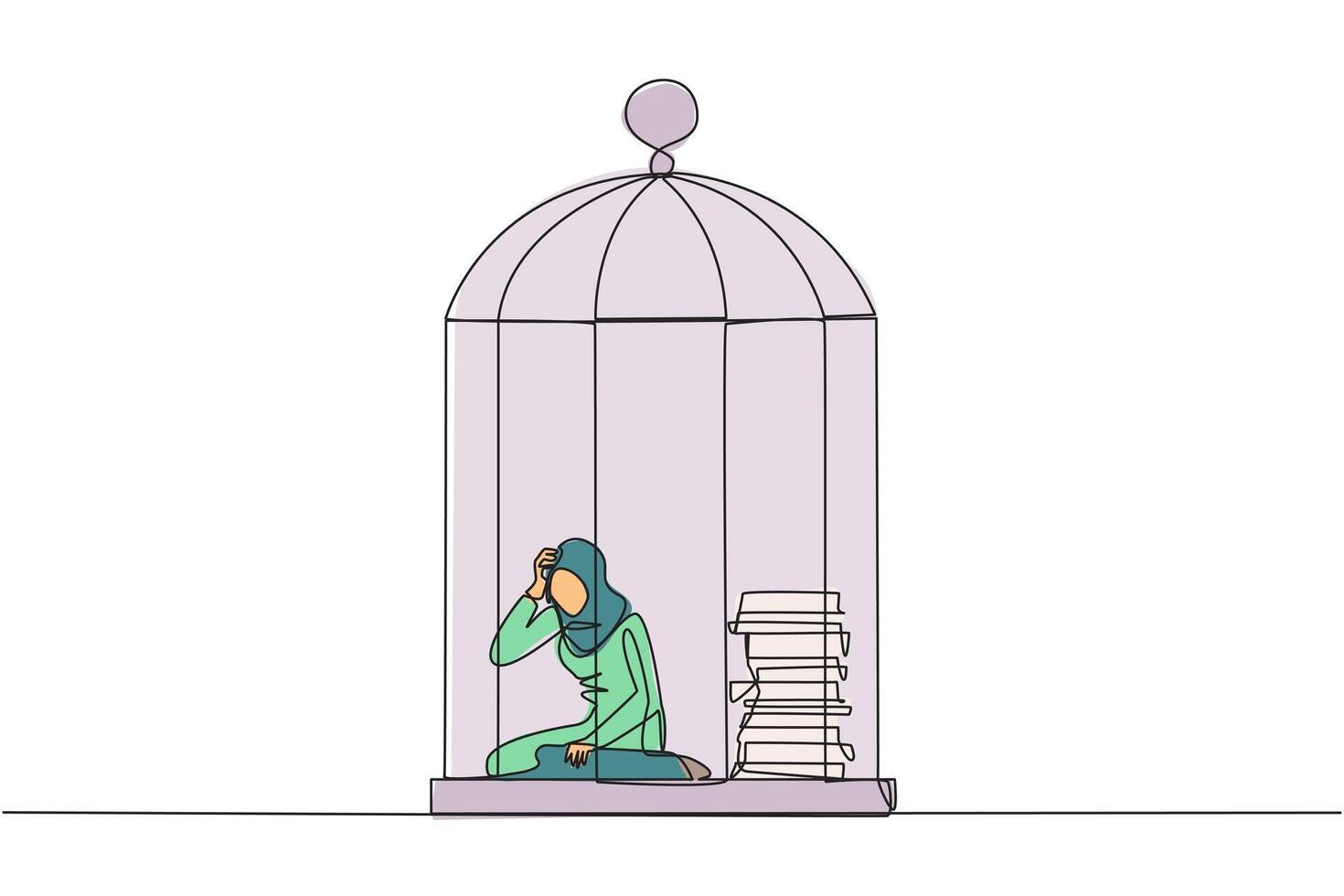 Single one line drawing Arabian businesswoman trapped in cage sitting down frustrated. Stress with piling up unfinished work until close to deadline. Exhausted. Continuous line graphic illustration vector