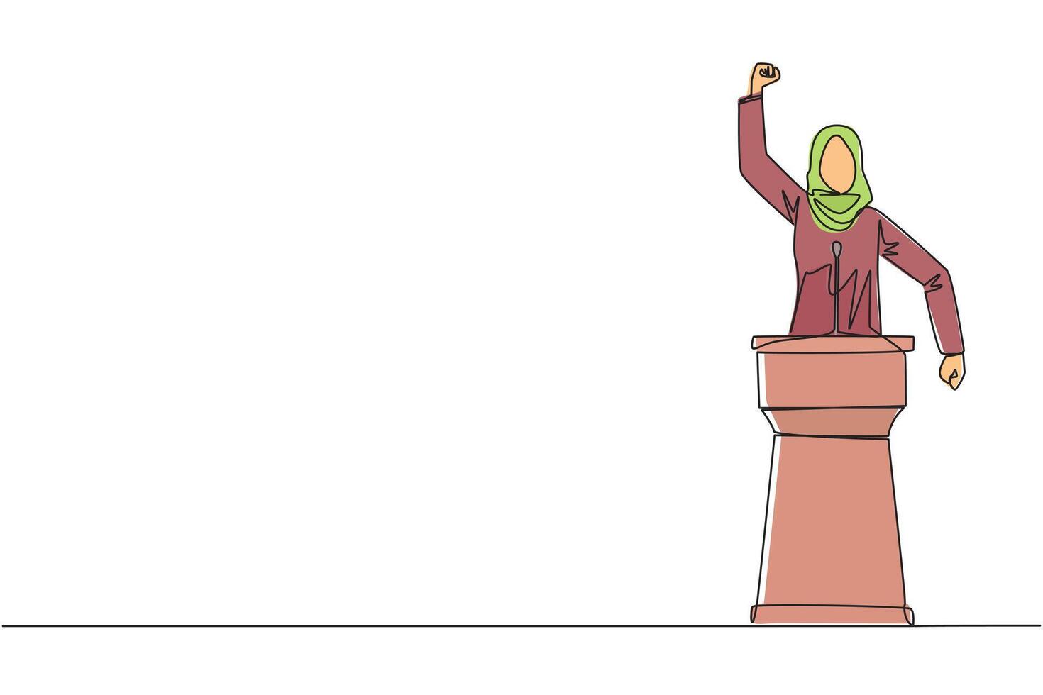 Single continuous line drawing Arabian businesswoman speak at the podium by clenching fists at head height. Doing oration. Leadership concept. Burning the spirit. One line design illustration vector