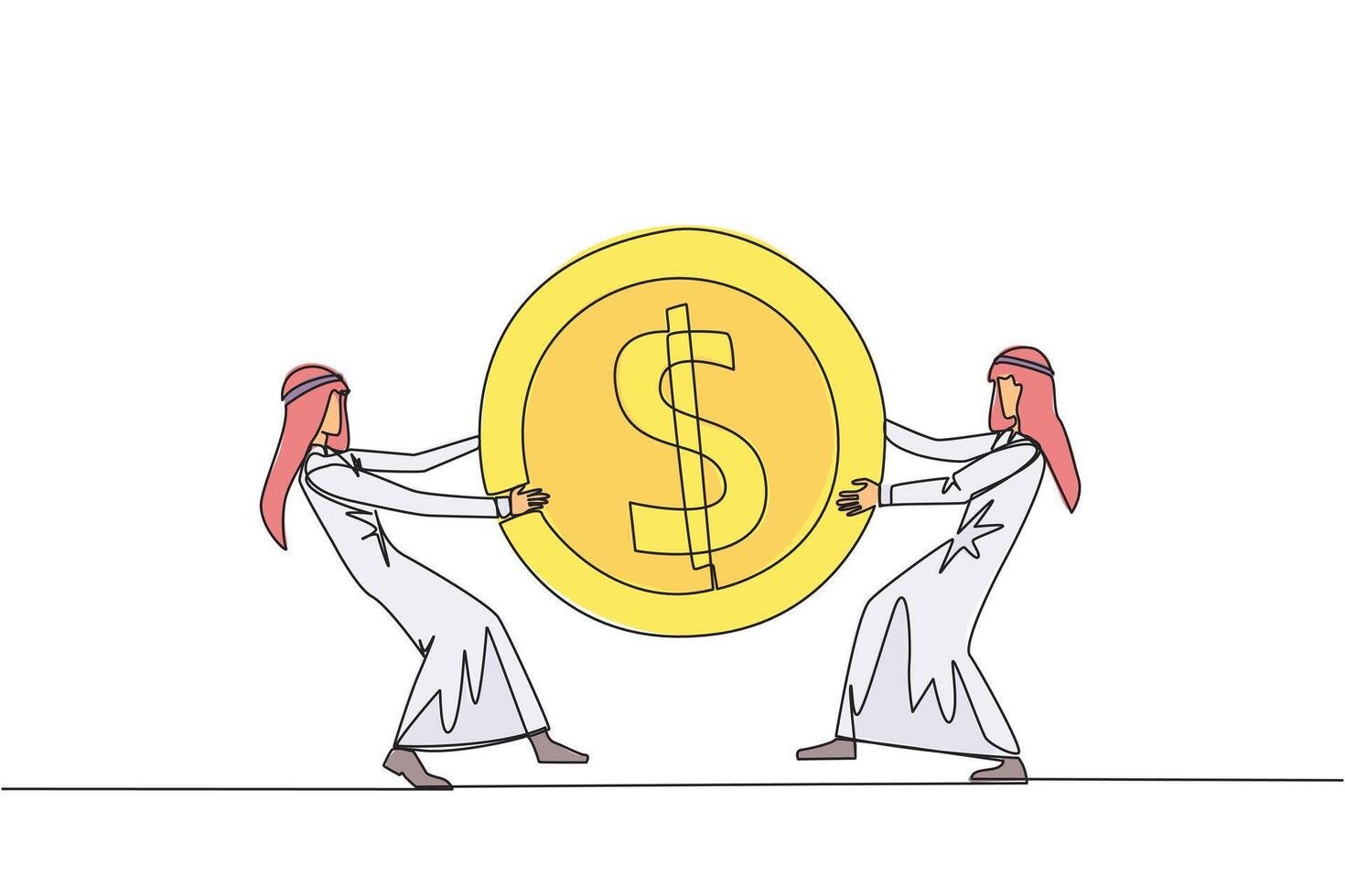 Continuous one line drawing two angry Arabian businessman fighting over dollar sign coin. The last coin used to buy fresh drinks at vending machine. Attack. Single line draw design illustration vector