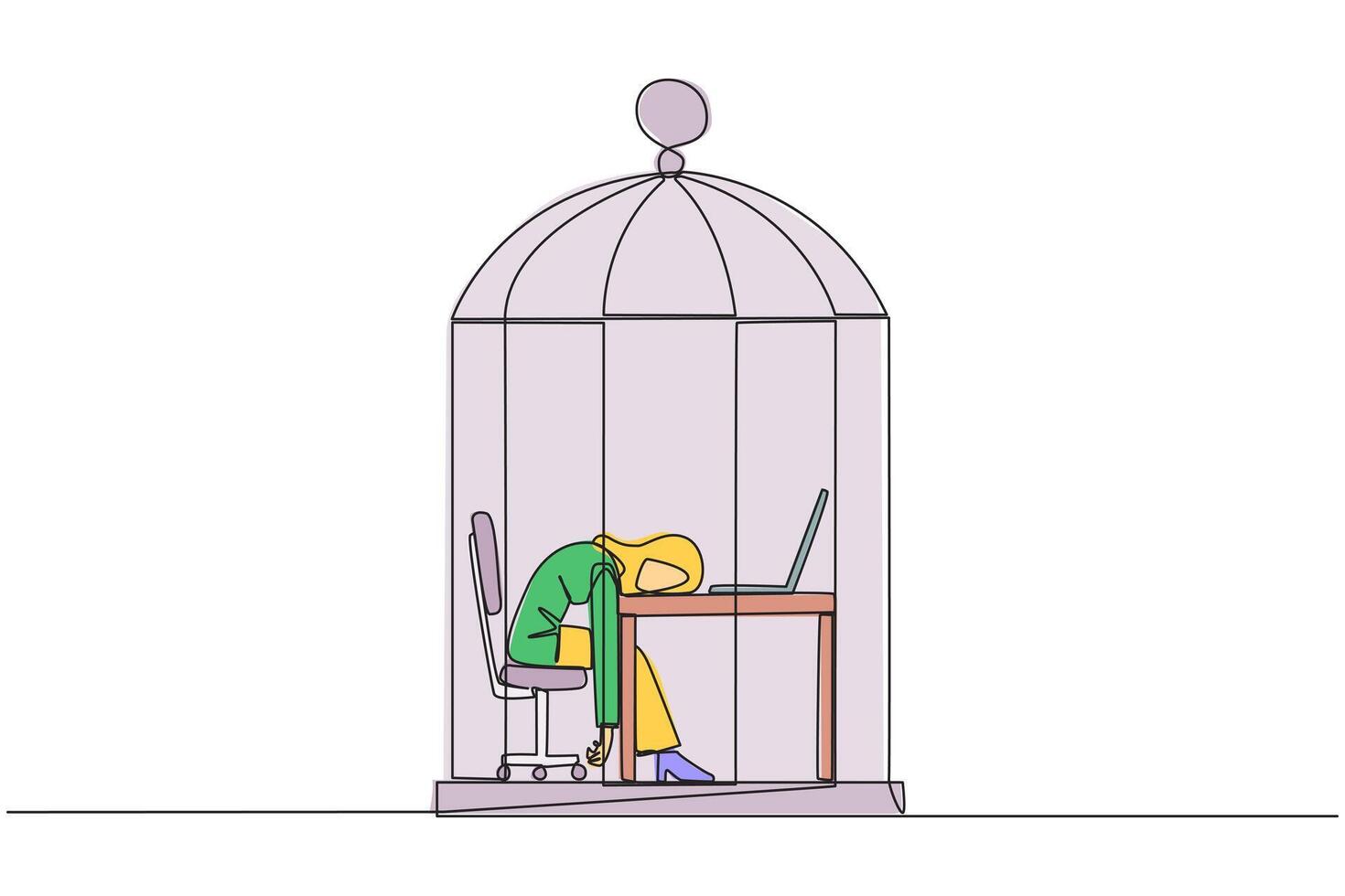 Single continuous line drawing Arabian businesswoman trapped in cage asleep on laptop. Tired of repetitive routines. The many deadlines require overtime every day. One line design illustration vector