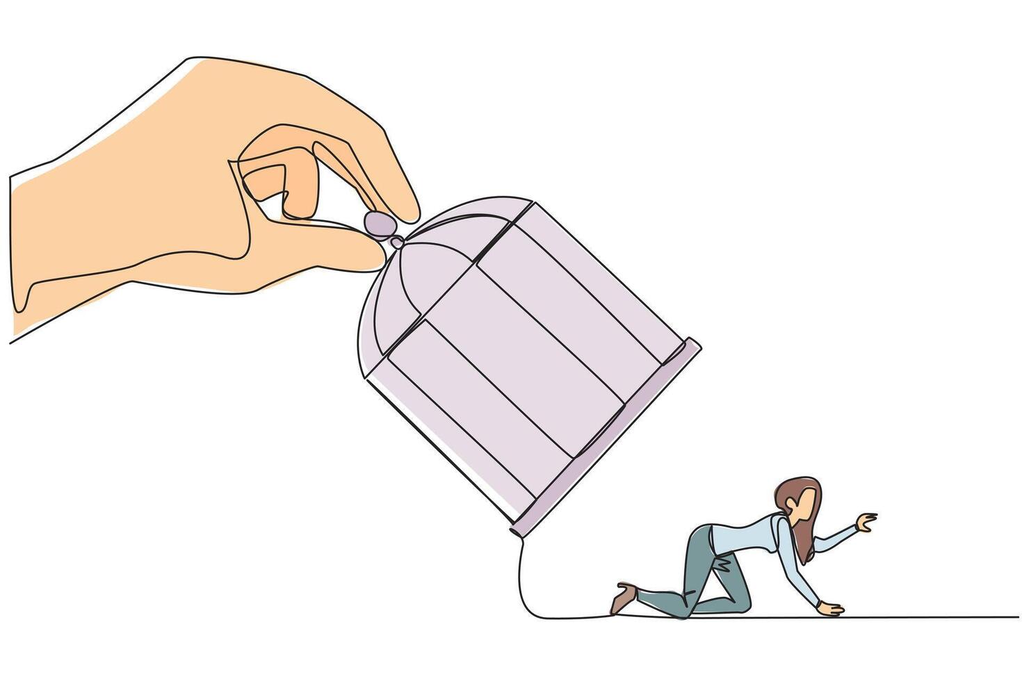 Continuous one line drawing big hand holds the cage want to catch crawling businesswoman. Losing streak. Lost on all fronts. Helpless businessman. Bankrupt. Single line draw design illustration vector