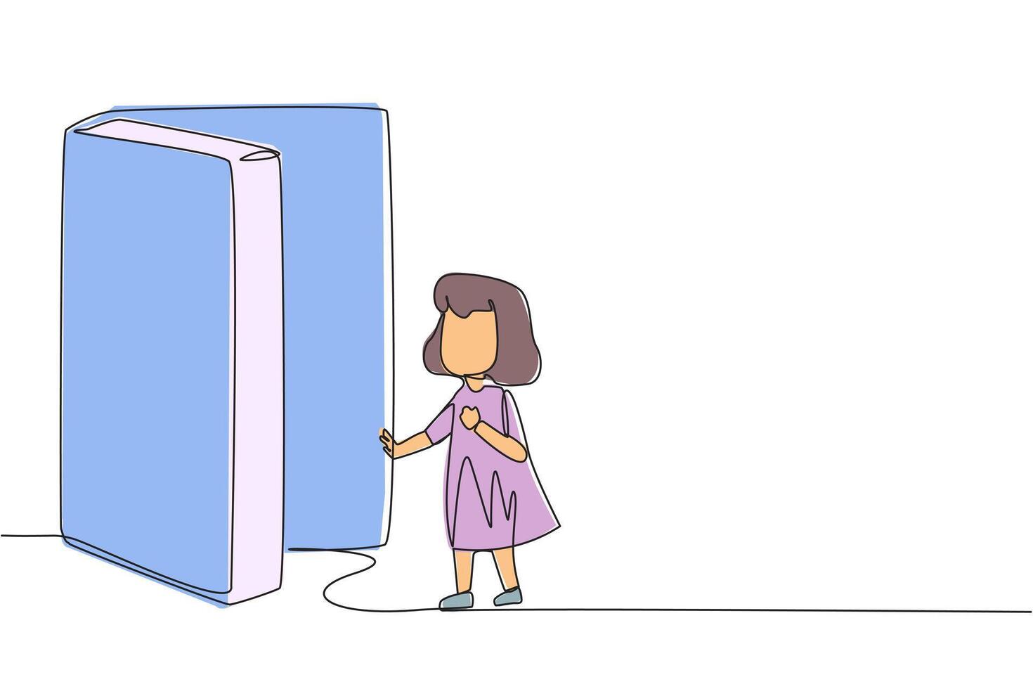 Single continuous line drawing girl opened the book-shaped door. Books can open mind and see everywhere. Increase knowledge about the wider world. Book festival. One line design illustration vector