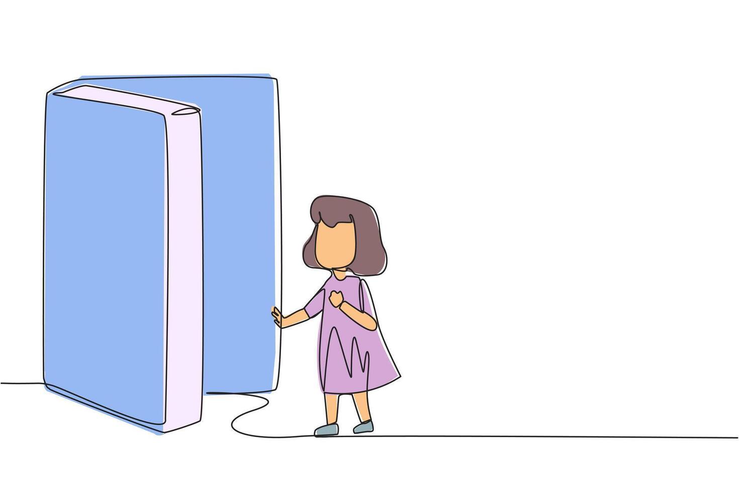 soltero continuo línea dibujo niña abrió el en forma de libro puerta. libros lata abierto mente y ver en todos lados. incrementar conocimiento acerca de el más amplio mundo. libro festival. uno línea diseño ilustración vector