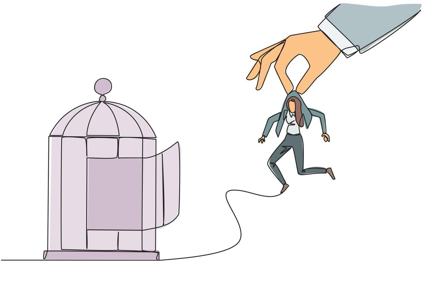 Single continuous line drawing big hands holding businesswoman and want put in a cage. Trapping roughly. Beating a business opponent by cheating. Unfair business. One line design illustration vector