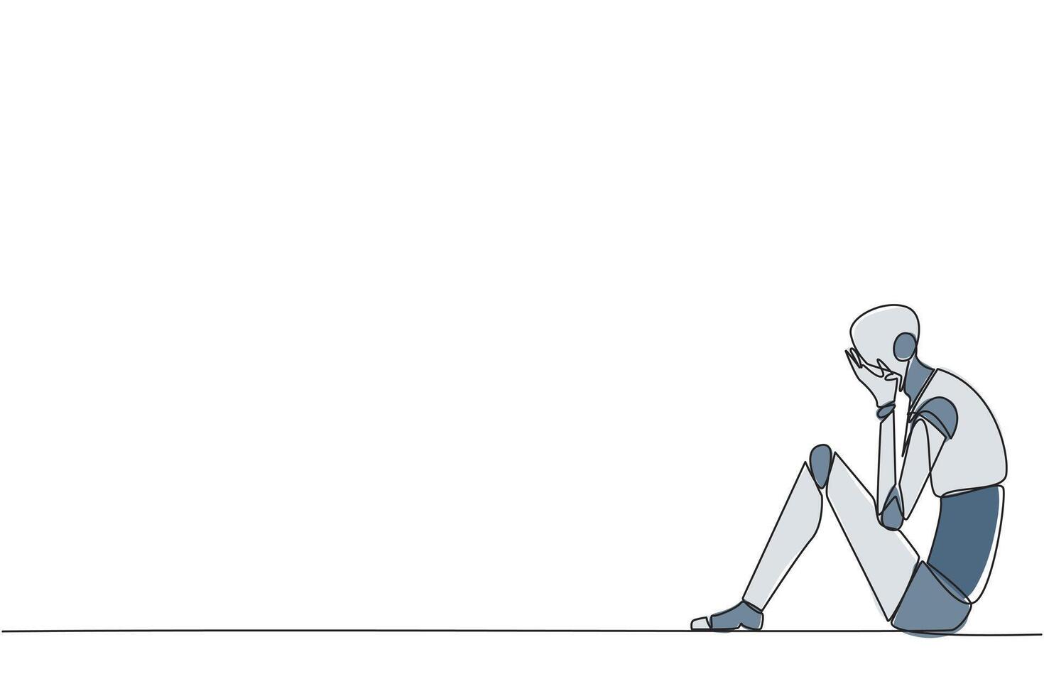 Continuous one line drawing smart robot sitting while covering face. Unhappy robotic bemoans the fate of business. Failure to develop business unit. Tech. Single line draw design illustration vector