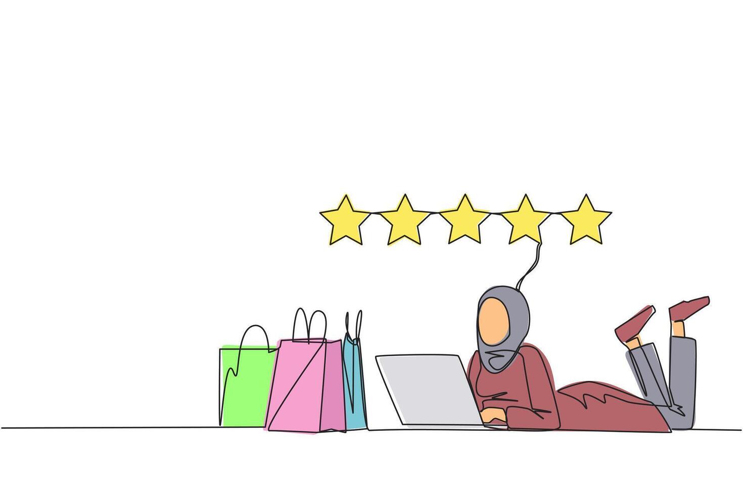 Single continuous line drawing young Arabian woman on stomach while typing on laptop. Next to the laptop is a shopping bag. Give the best review with pleasure. One line design illustration vector