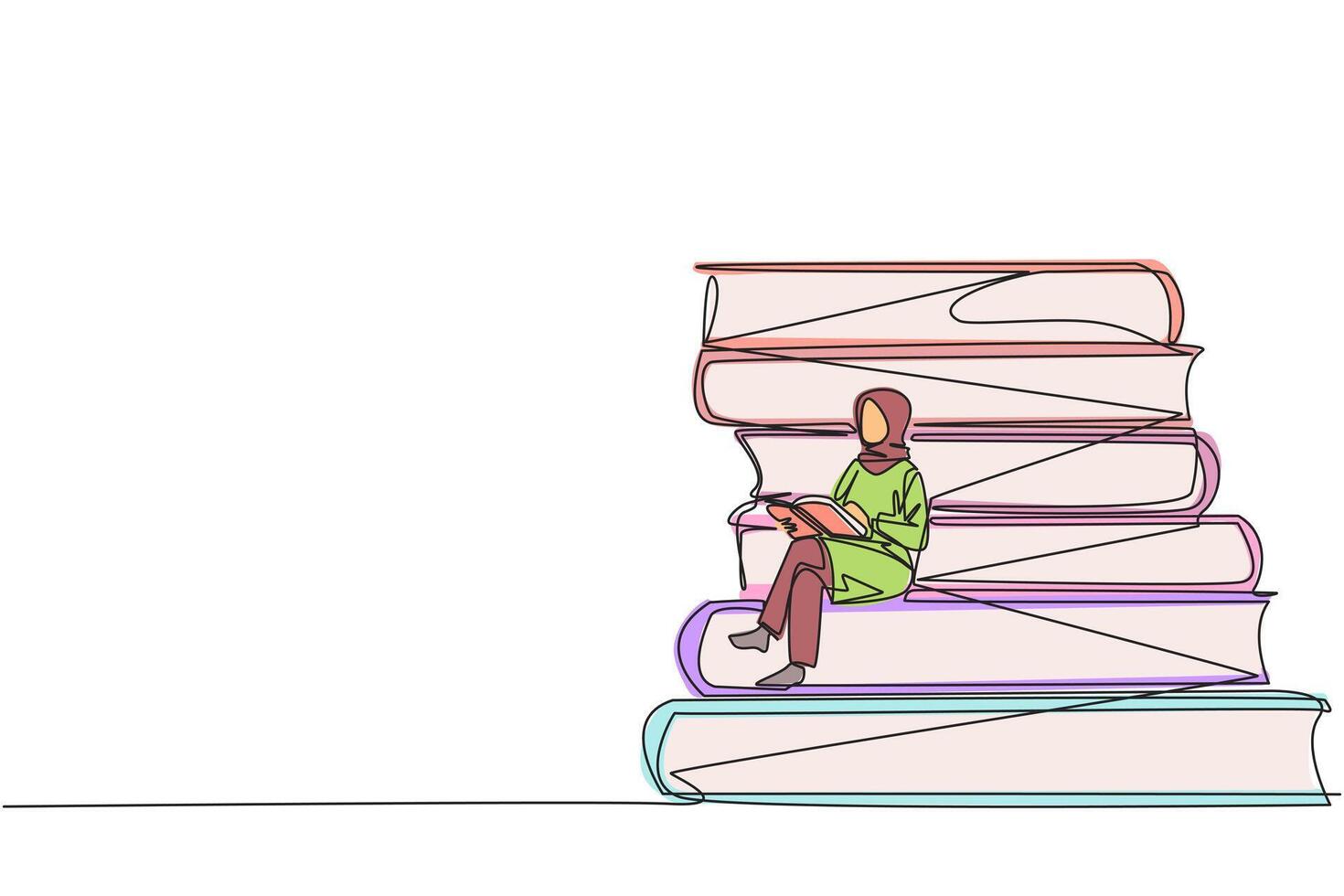 Single one line drawing Arabian woman sitting on pile of books reading book. High interest in reading. Opening horizons of thinking. Book festival concept. Continuous line design graphic illustration vector