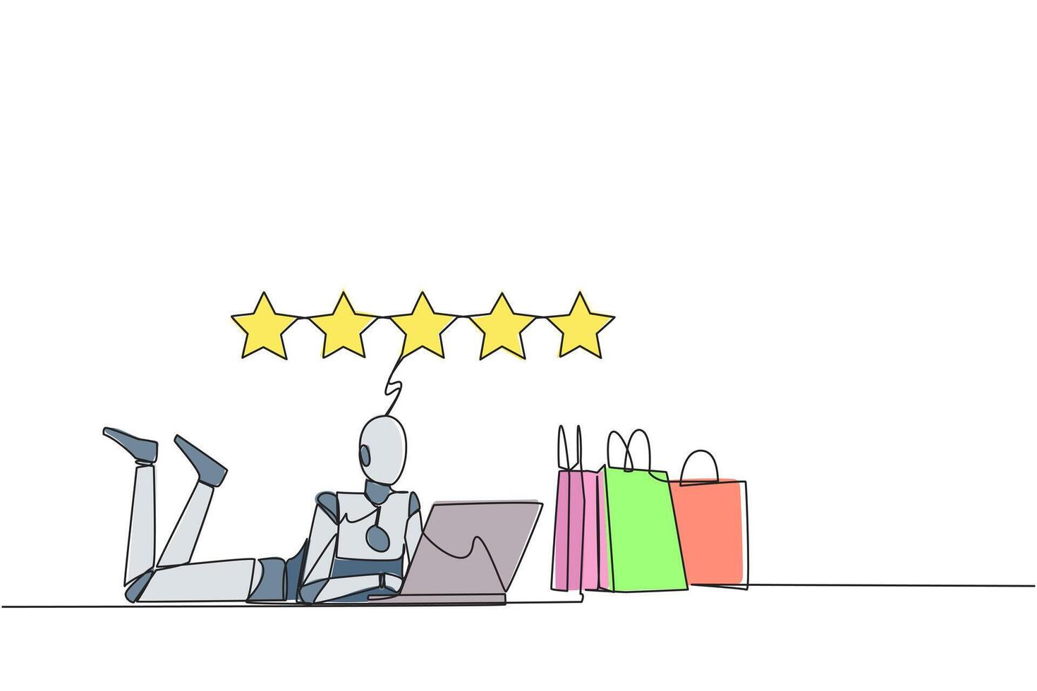 Continuous one line drawing robot on stomach while typing on laptop. Next to the laptop is a shopping bag. Give the best review with pleasure. Future tech. Single line draw design illustration vector