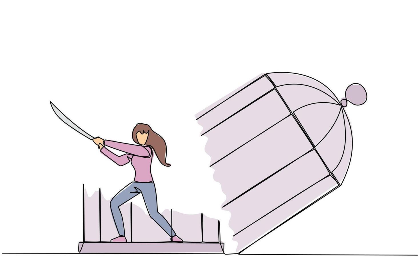 Continuous one line drawing businesswoman trapped in cage holds samurai. Expression of anger over the limitations that shackle. Seek freedom at any cost. Single line draw design illustration vector