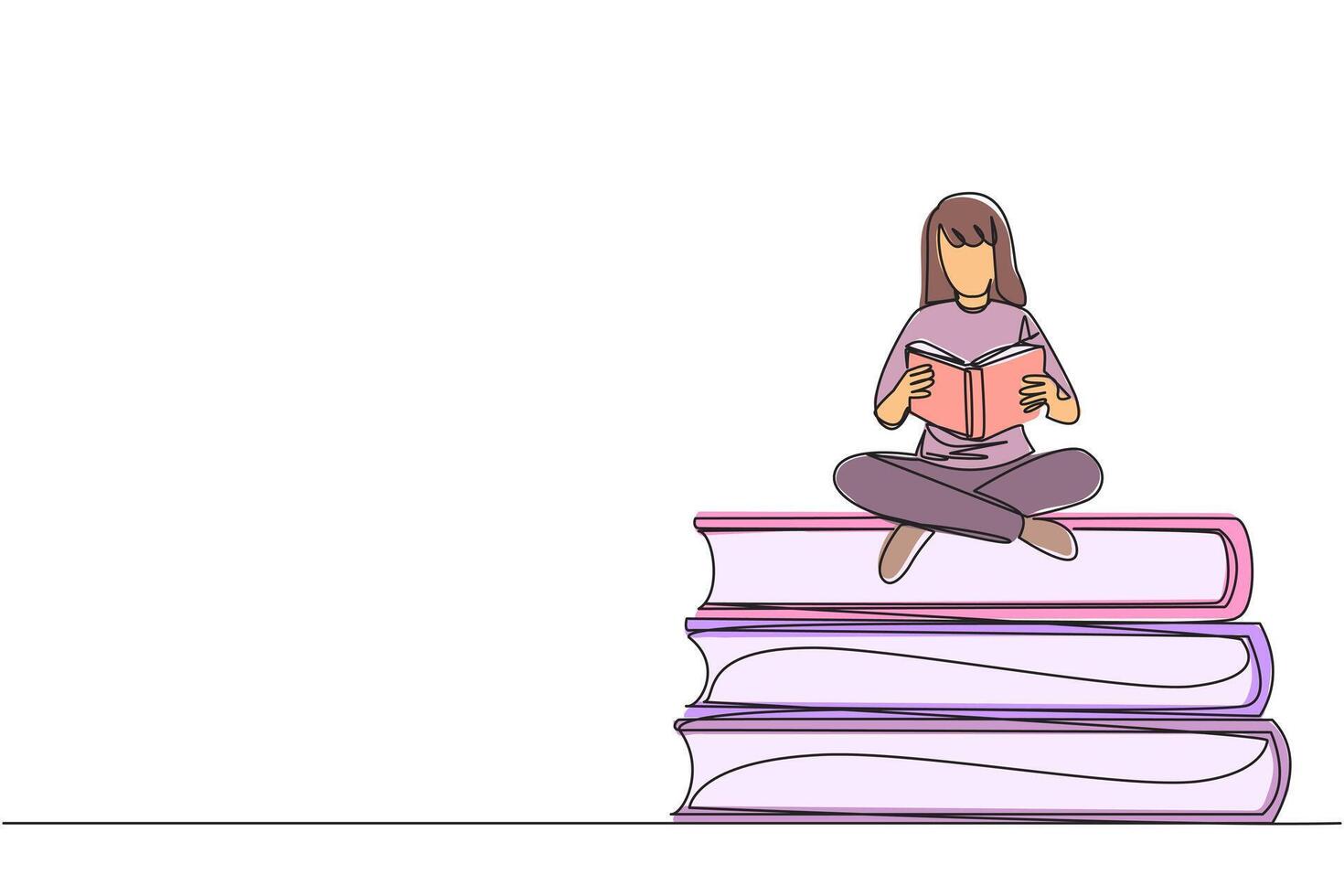 Single continuous line drawing woman sitting cross-legged on pile of large books. Read comic. Reading textbook. Read scientific journal. Reading increase insight. One line design illustration vector