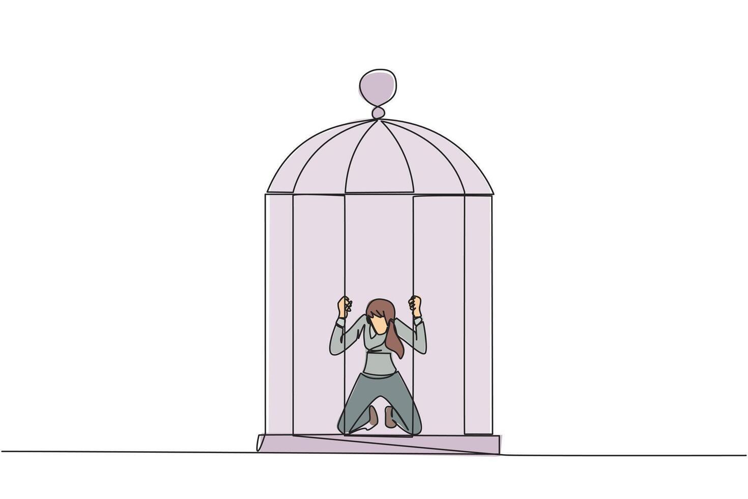 Single continuous line drawing businesswoman trapped in cage kneeling holding iron bars. Framed by business partner. Have to bear all the consequences. Unfair. One line design illustration vector