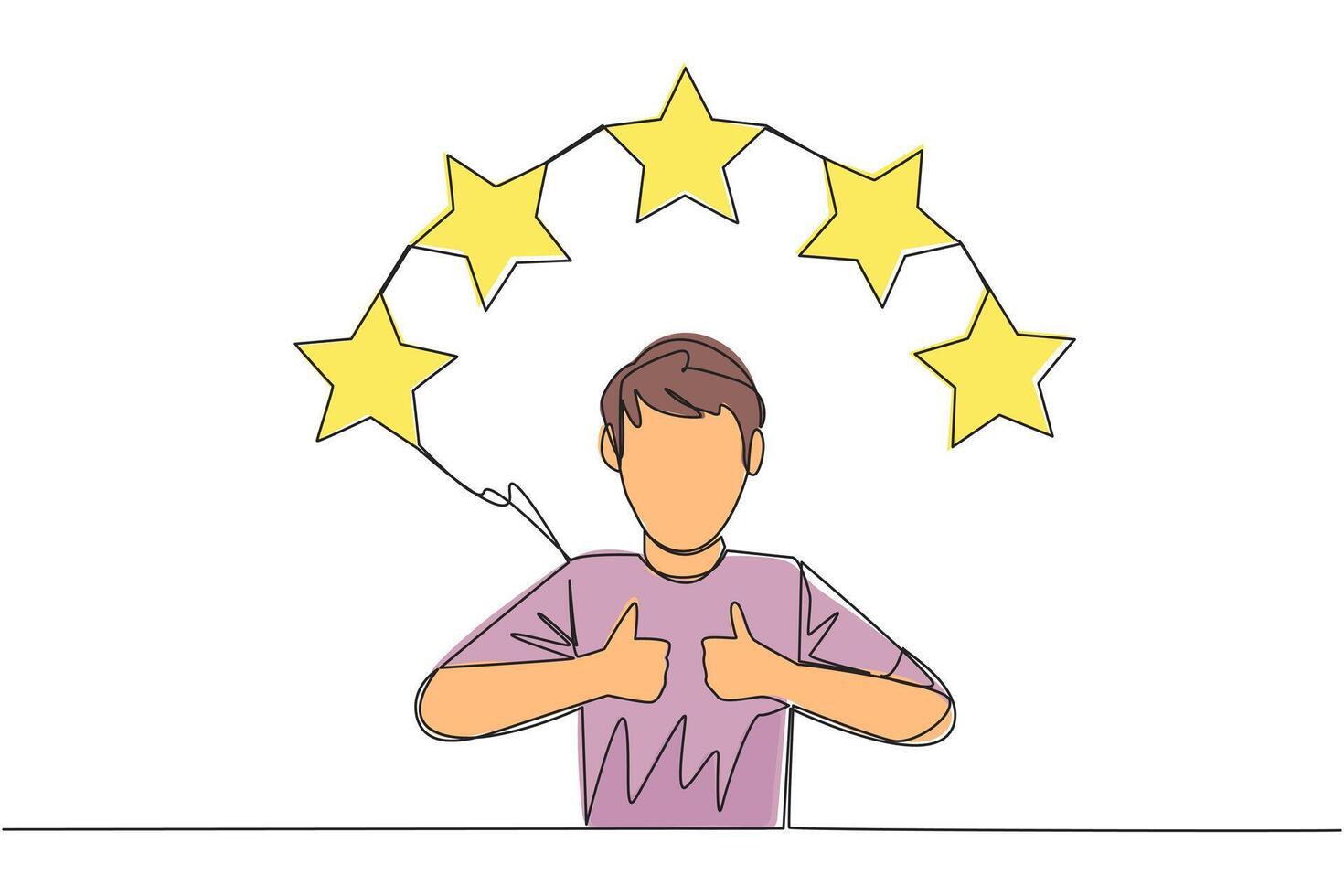 Continuous one line drawing man giving two thumbs up, above head there are 5 stars forming semicircle. Exciting online shopping experience. Review 5 stars. Single line draw design illustration vector