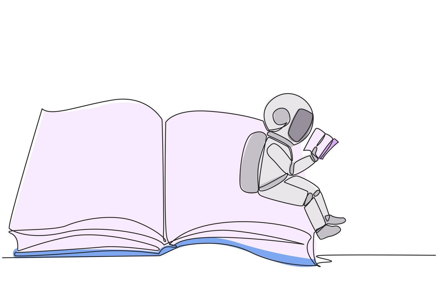 Single continuous line drawing young astronaut sitting on the edge of a large open book. Study before exam time arrives. Read textbooks with focus. Reading is fun. One line design illustration vector