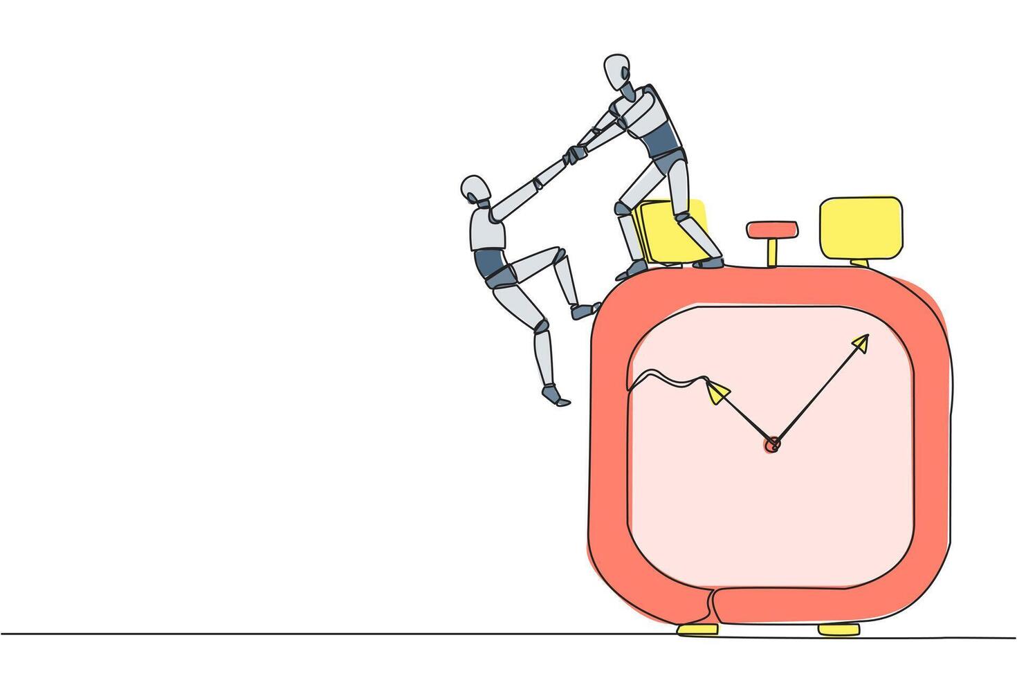 Continuous one line drawing smart robot helps colleague climb big alarm clock. Helping coworkers. Deadline is coming. Work together for better end result. Single line draw design illustration vector