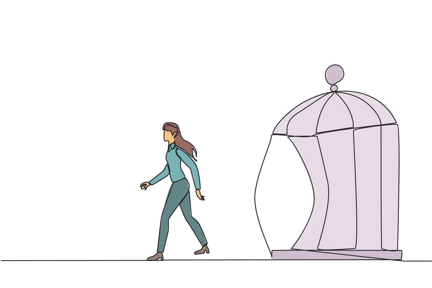 Continuous one line drawing businesswoman trapped in cage and walking penetrate the cage. Metaphor seeking new challenges and experiences for better future. Single line draw design illustration vector