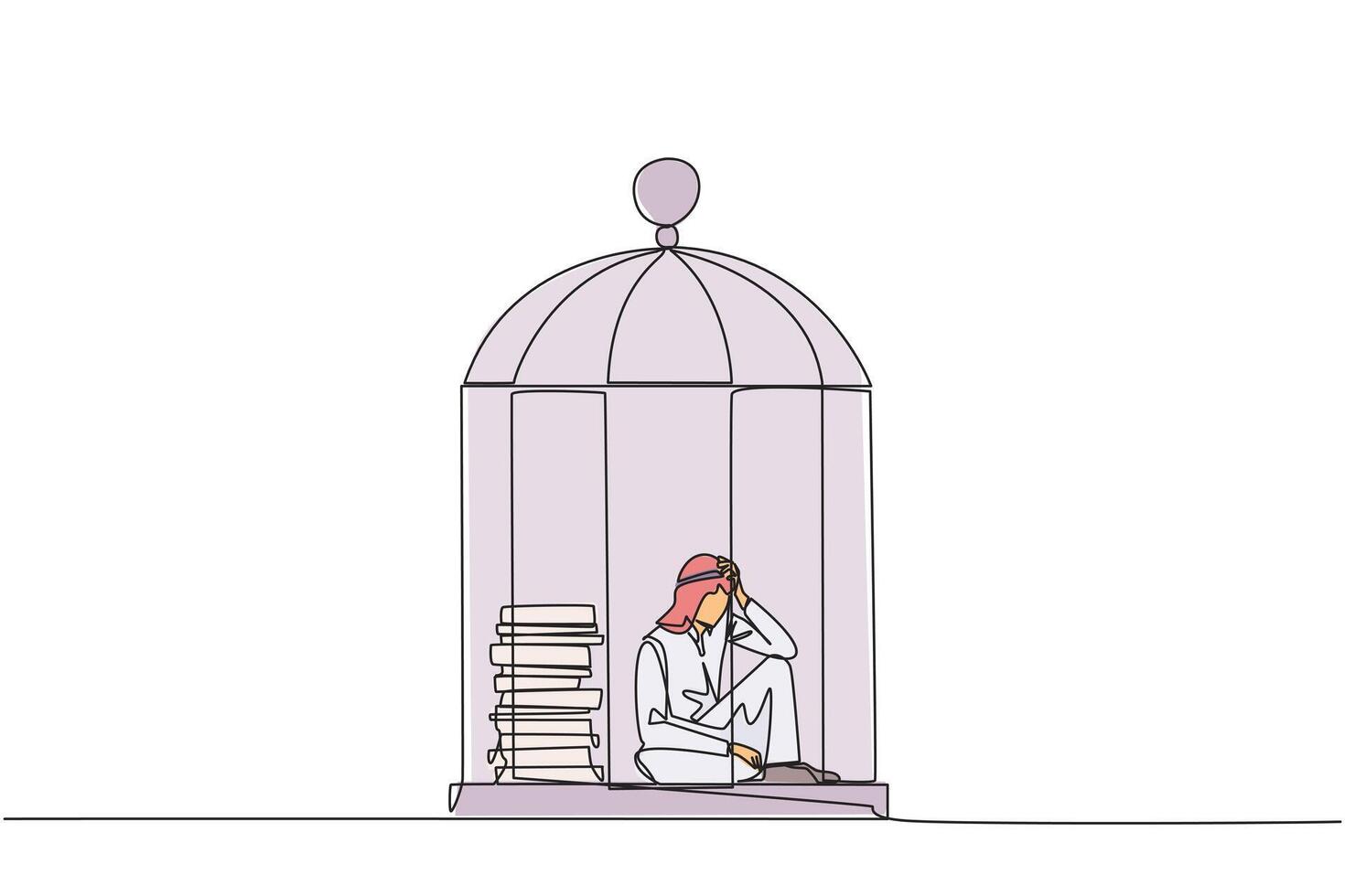 Continuous one line drawing Arabian businessman trapped in cage sitting down frustrated. Stress with piling up unfinished work until close to deadline. Exhausted. Single line draw illustration vector