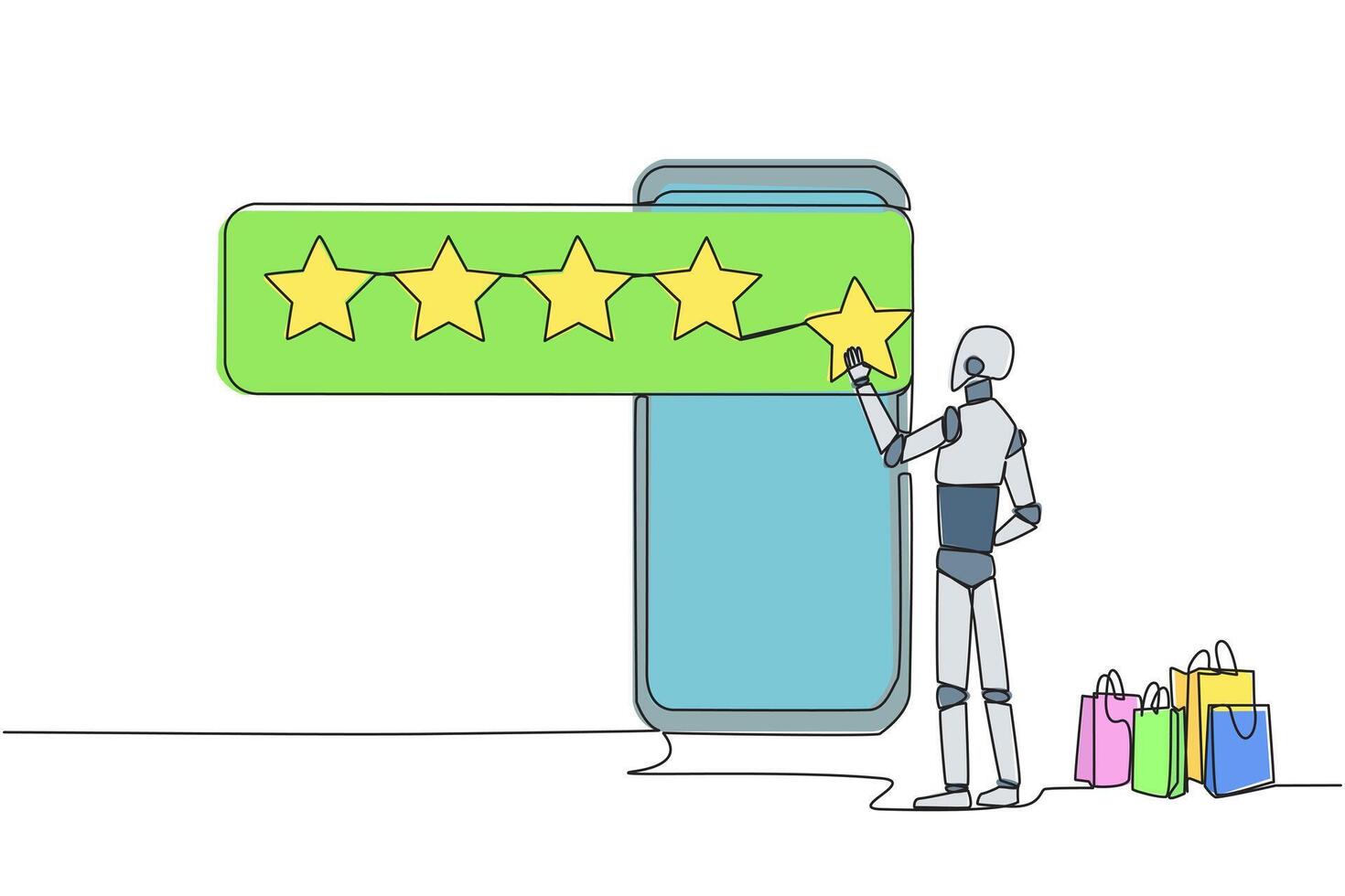 Continuous one line drawing robot standing facing giant smartphone trying to stick one star, that it becomes 5 stars. Reviews given to online stores. Future tech. Single line draw illustration vector