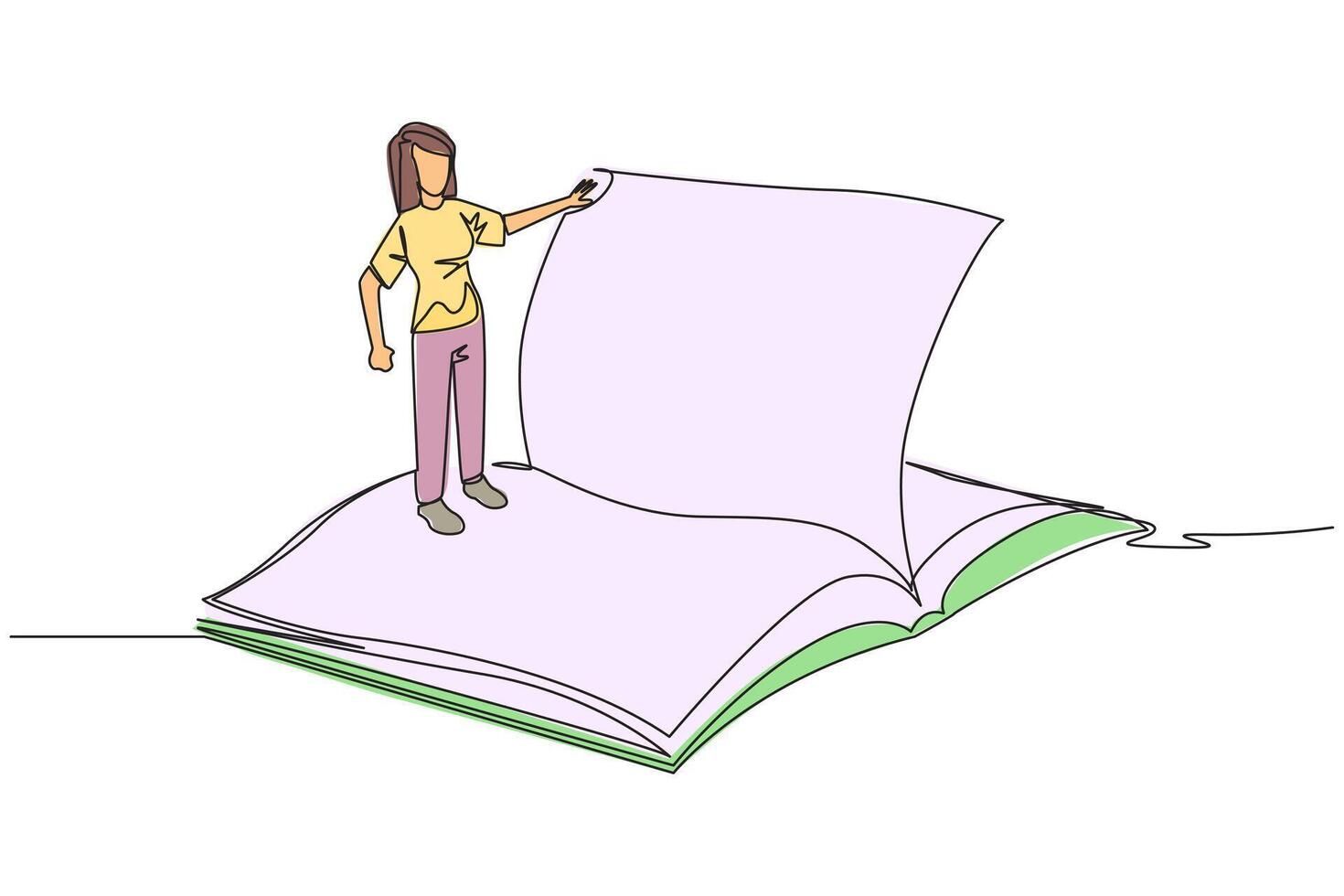 Continuous one line drawing woman standing over open ledger turning the page. Read slowly to understand the contents of each page. Reading increase insight. Single line draw design illustration vector