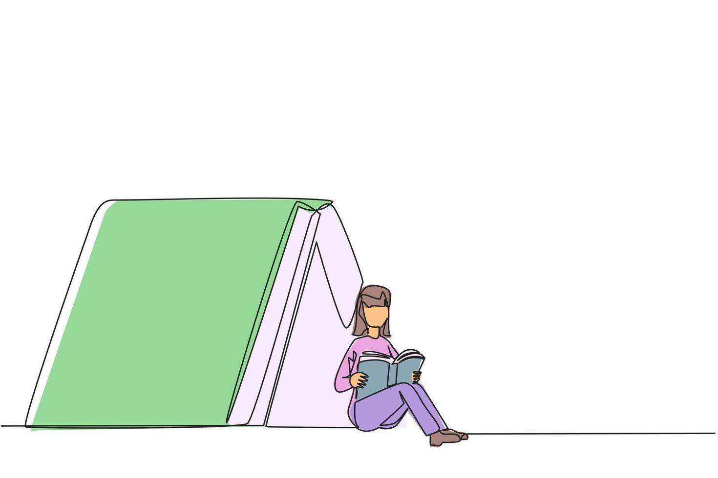 Continuous one line drawing woman sitting in front of large tent-shaped book. Reading the adventure fiction books in the wild. Addicted to reading. Book festival. Single line draw illustration vector