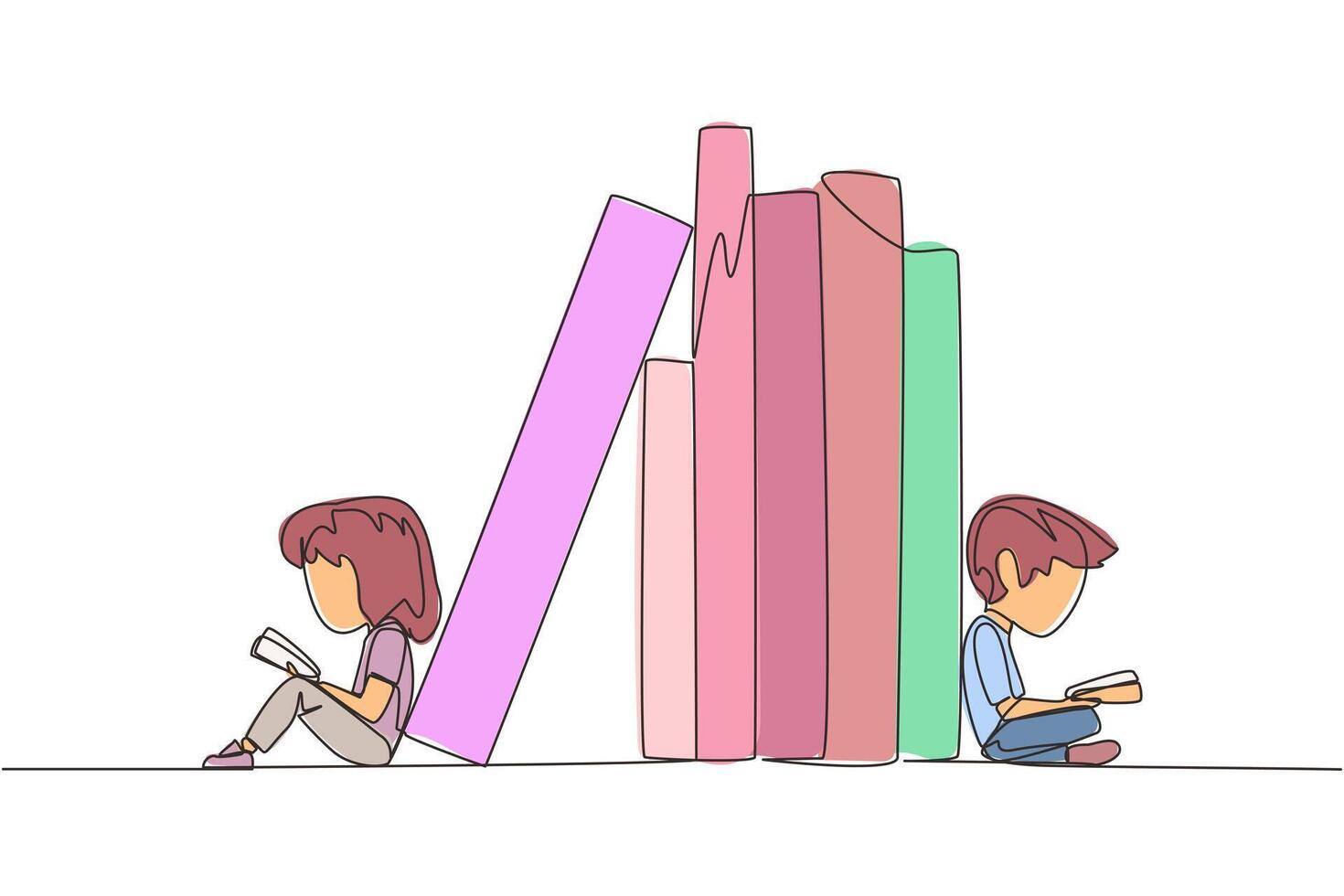 Single continuous line drawing kids reading sitting leaning against a pile of books. Habit of reading books every day. Library. Good habit. Book festival concept. One line design illustration vector