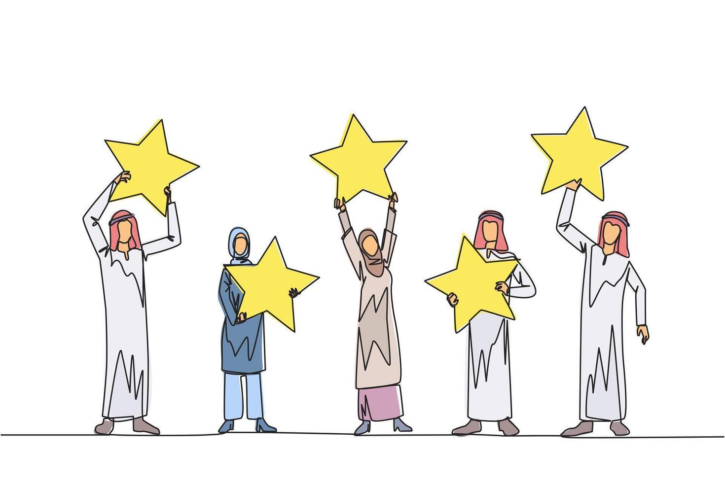 Single continuous line drawing group of three Arabian men and two Arabian women raised their respective stars. Give positive feedback and the best review. 5 star. Online shop. One line design vector