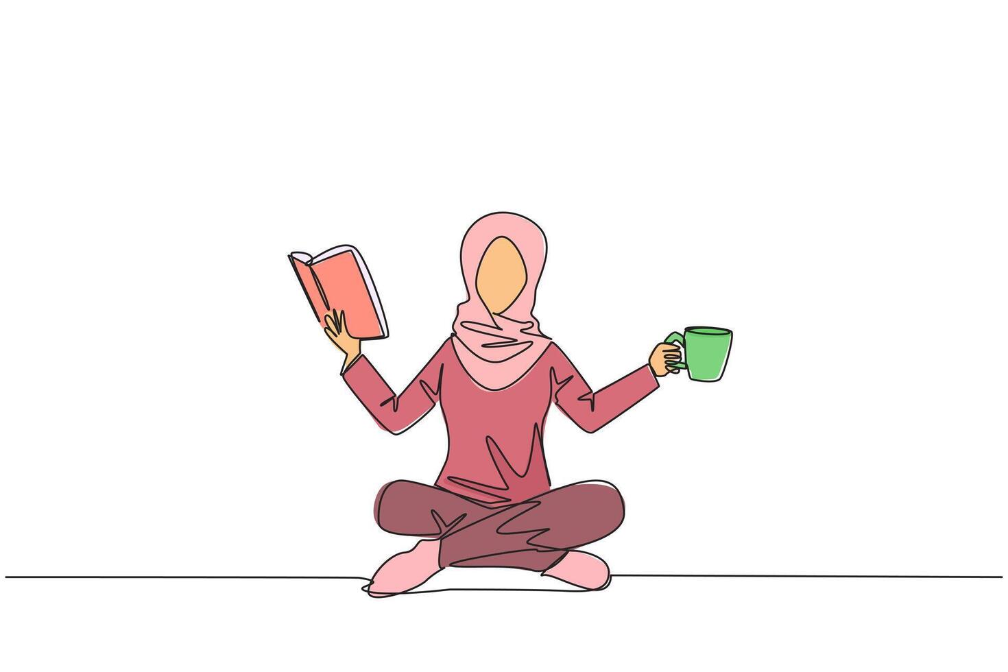 soltero continuo línea dibujo árabe mujer sentado con las piernas cruzadas leyendo libro. acompañado por jarra de café a hacer leyendo más interesante. conocimiento. calma. uno línea diseño ilustración vector