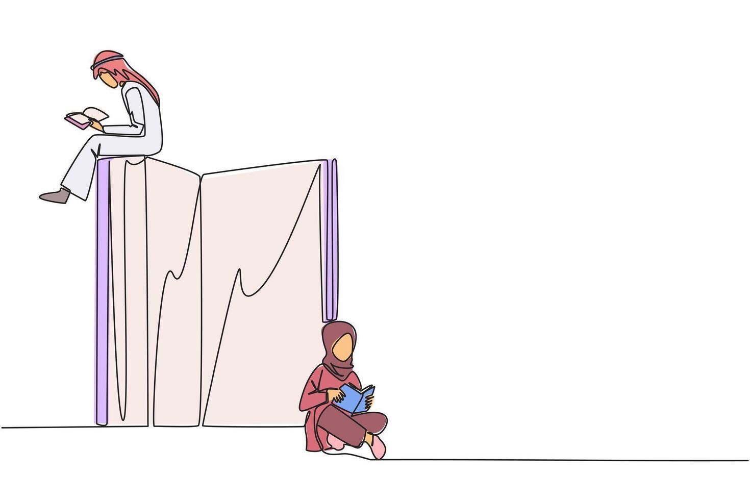 soltero continuo línea dibujo árabe hombre mujer sentado leyendo libros mientras el grande libro es abierto. grave y atención aprendizaje aumenta conocimiento. libro festival concepto. uno línea diseño ilustración vector