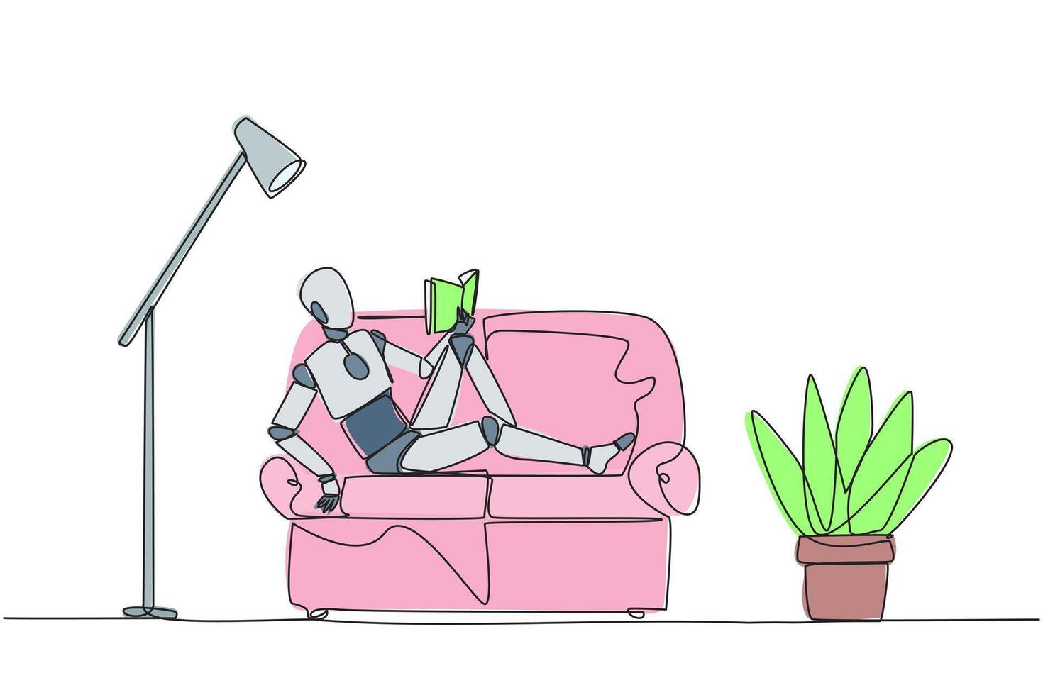 Single one line drawing smart robot sitting stretched out on sofa reading book. Really like content of the book reading on each page. Impressive. Love read. Continuous line design graphic illustration vector