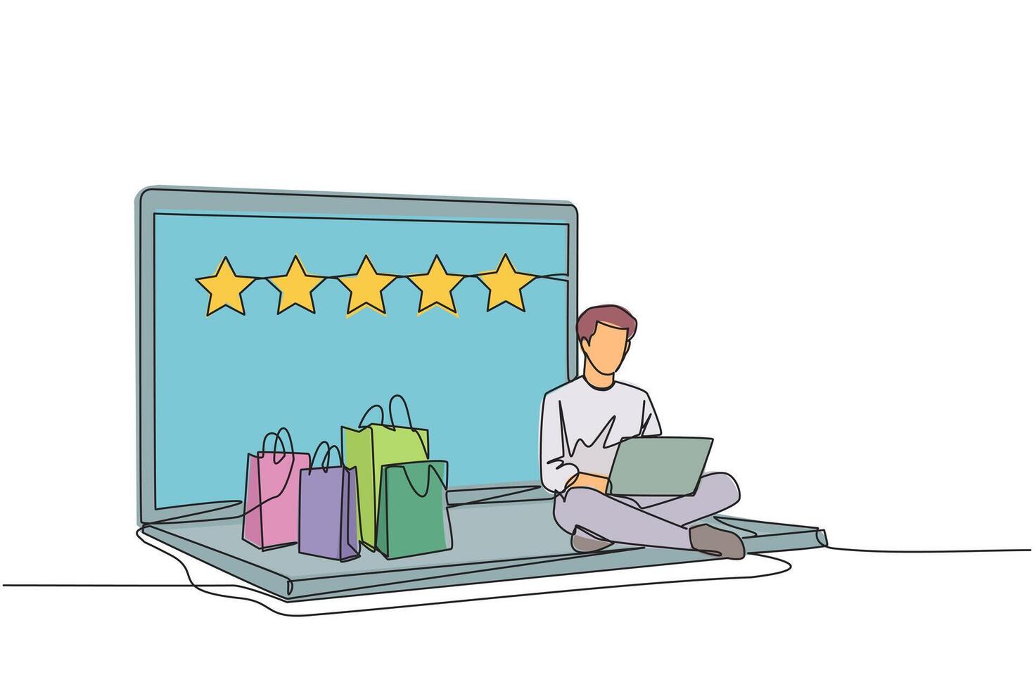 Single continuous line drawing happy man sitting on giant laptop typing on laptop computer. Bought a lot from online shop. Give a rating of 5 stars. Ecommerce. One line design illustration vector