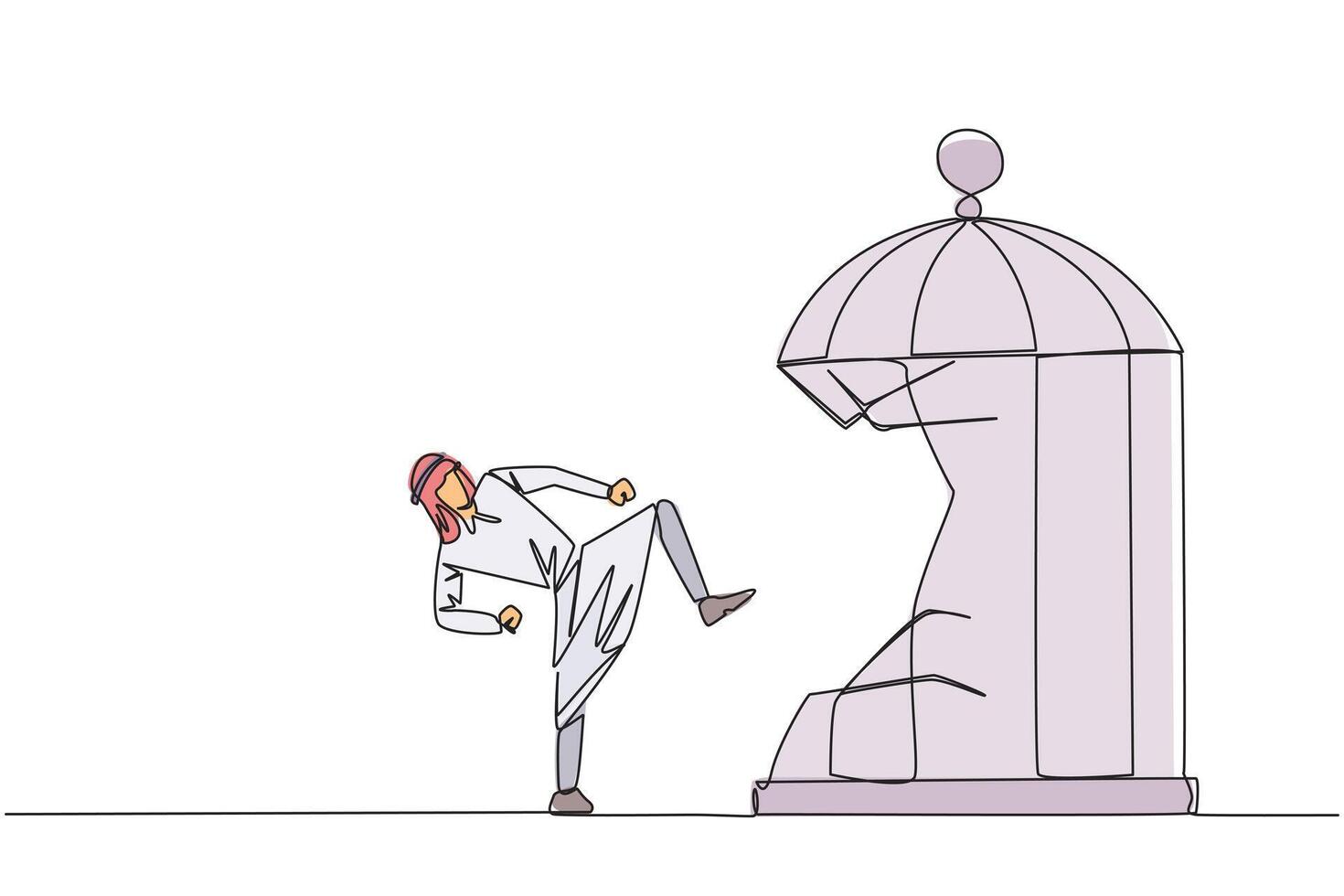 Continuous one line drawing Arabian businessman destroy cage with the kick. Metaphors remove the comfort zone trap. A genius entrepreneur for the company. Single line draw design illustration vector