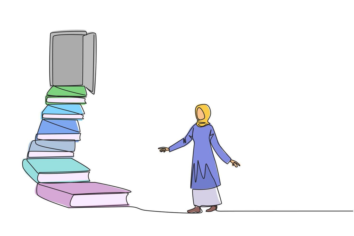 Single continuous line drawing Arab woman climb stairs from the book stack. Towards the wide open door. Metaphor of finding the answers from books. Book festival. One line design illustration vector