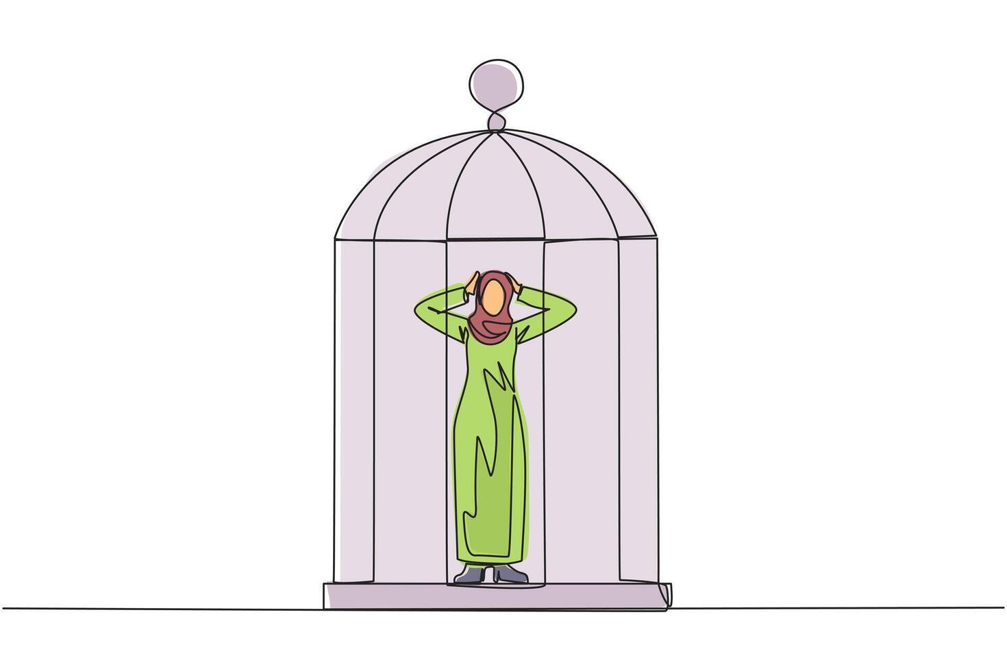 Continuous one line drawing Arab businesswoman trapped in cage standing frustrated holding head. Anxiety caused cannot move freely. Imprisoned. Can't work. Single line draw design illustration vector