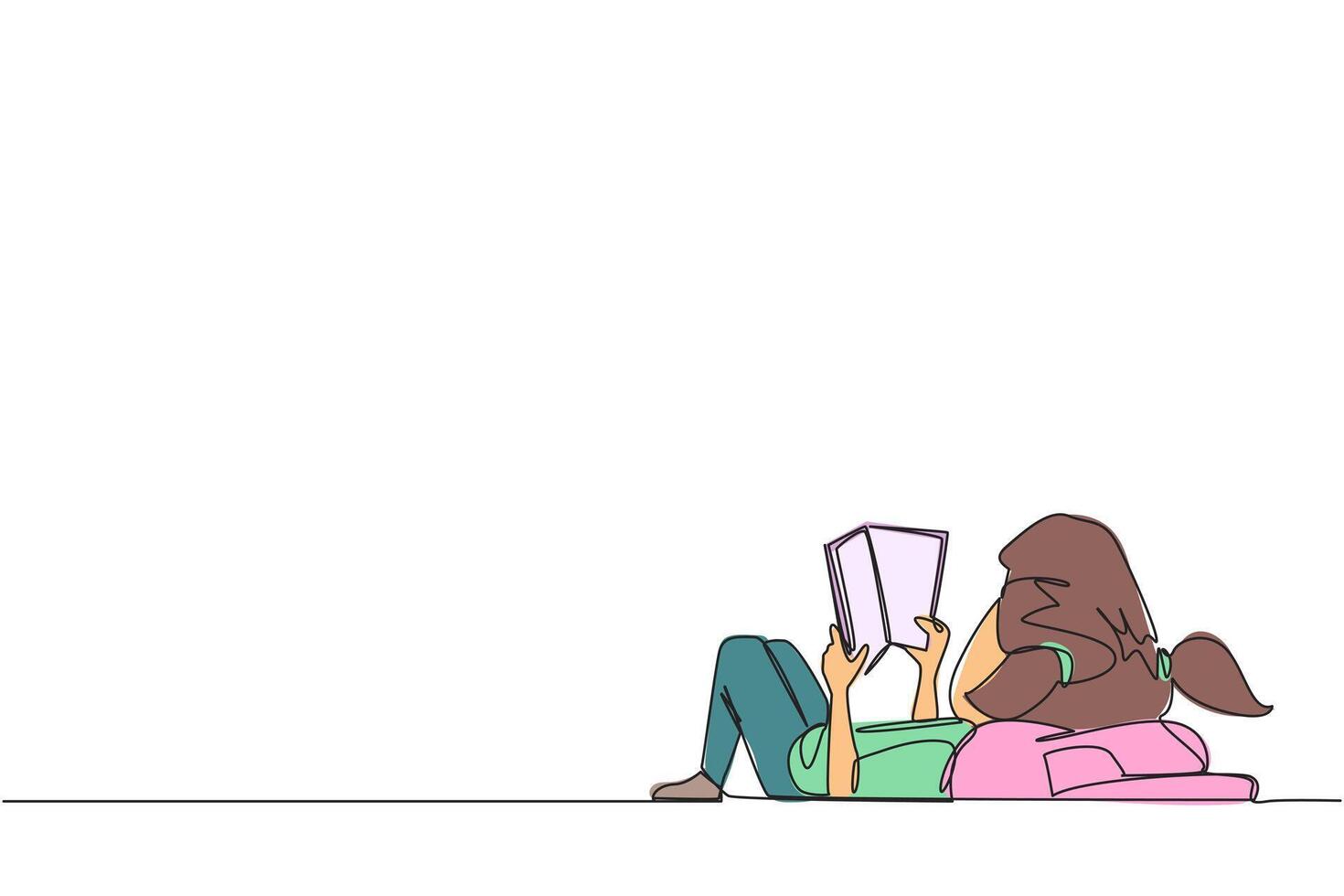 Single one line drawing girl lying on back reading book. Reading favorite comic. Big fan of fiction books. Enjoy the storyline. Reading increases insight. Continuous line design graphic illustration vector