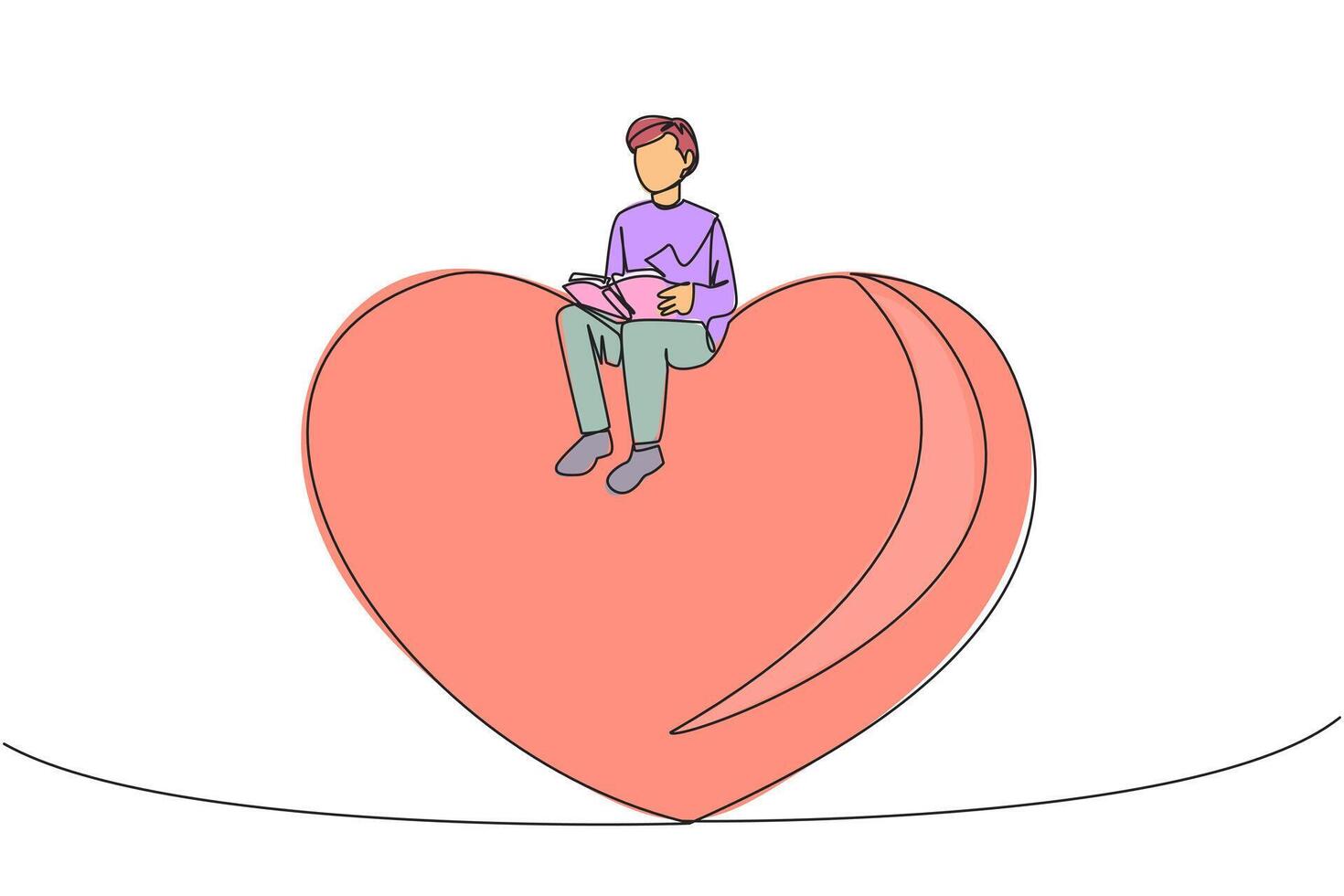 Single one line drawing man sitting on big heart. Reading the romantic fiction books. Enjoy the storyline. Hobby reading story books. Book festival concept. Continuous line design graphic illustration vector